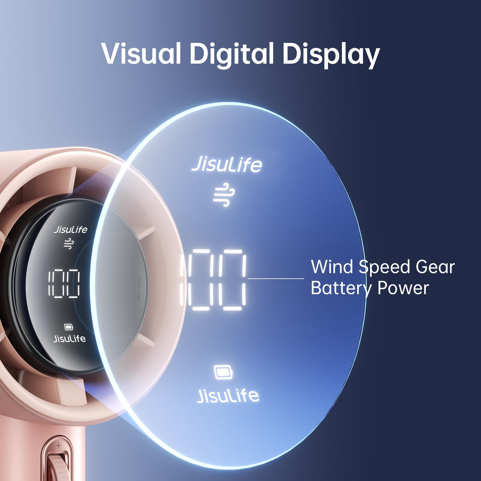 Pinker Handventilator mit Digitalanzeige für Windgeschwindigkeit und Akkustand.