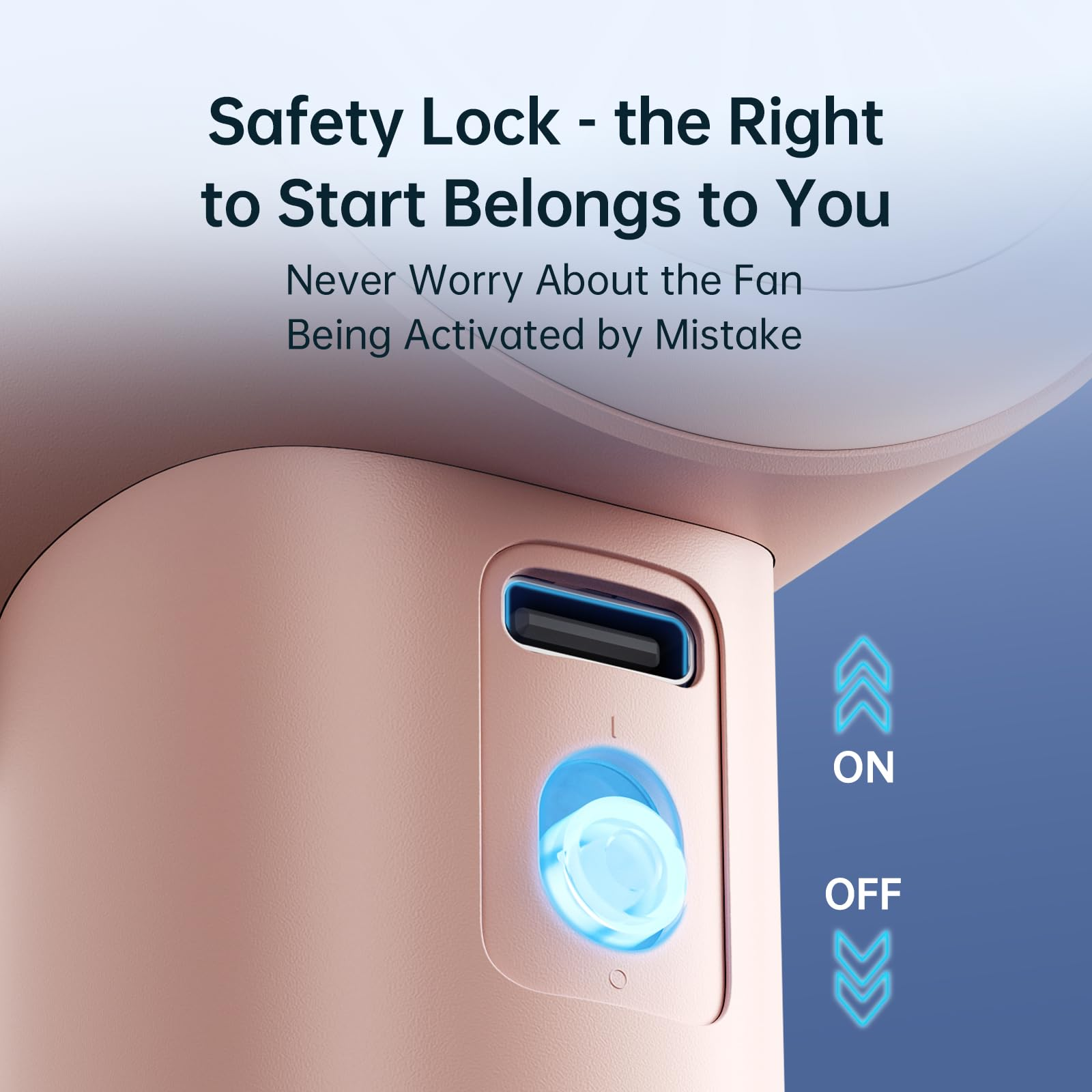 Ein rosa Gerät mit einer blau beleuchteten Taste, der Text erwähnt 'Safety Lock' und 'Never Worry About the Fan'.