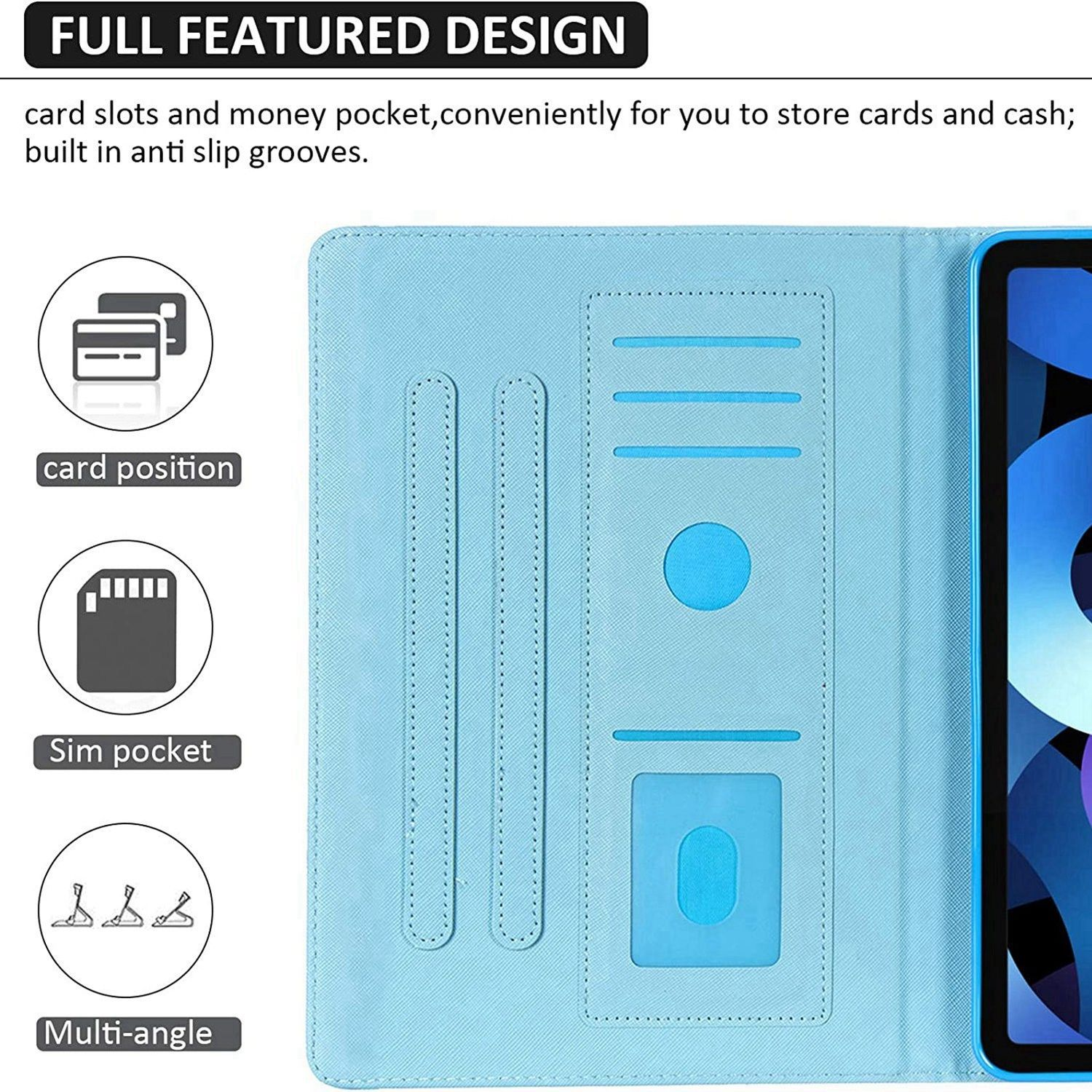 Hellblaues Tablet-Case-Innenteil mit Kartenfächern und Taschen. Symbole kennzeichnen Funktionen.