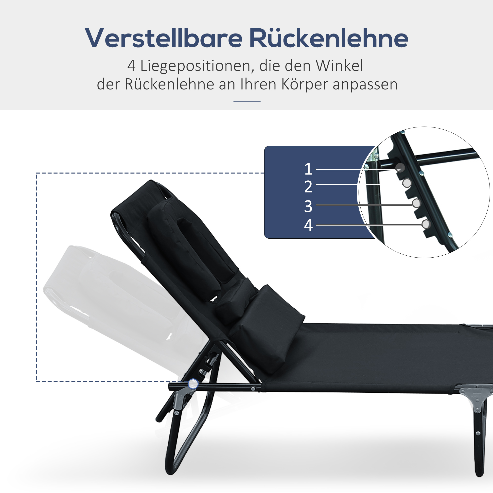Schwarze zusammenklappbare Sonnenliege mit verstellbarer Rückenlehne und Kissen, mit weißer gestrichelter Linie.