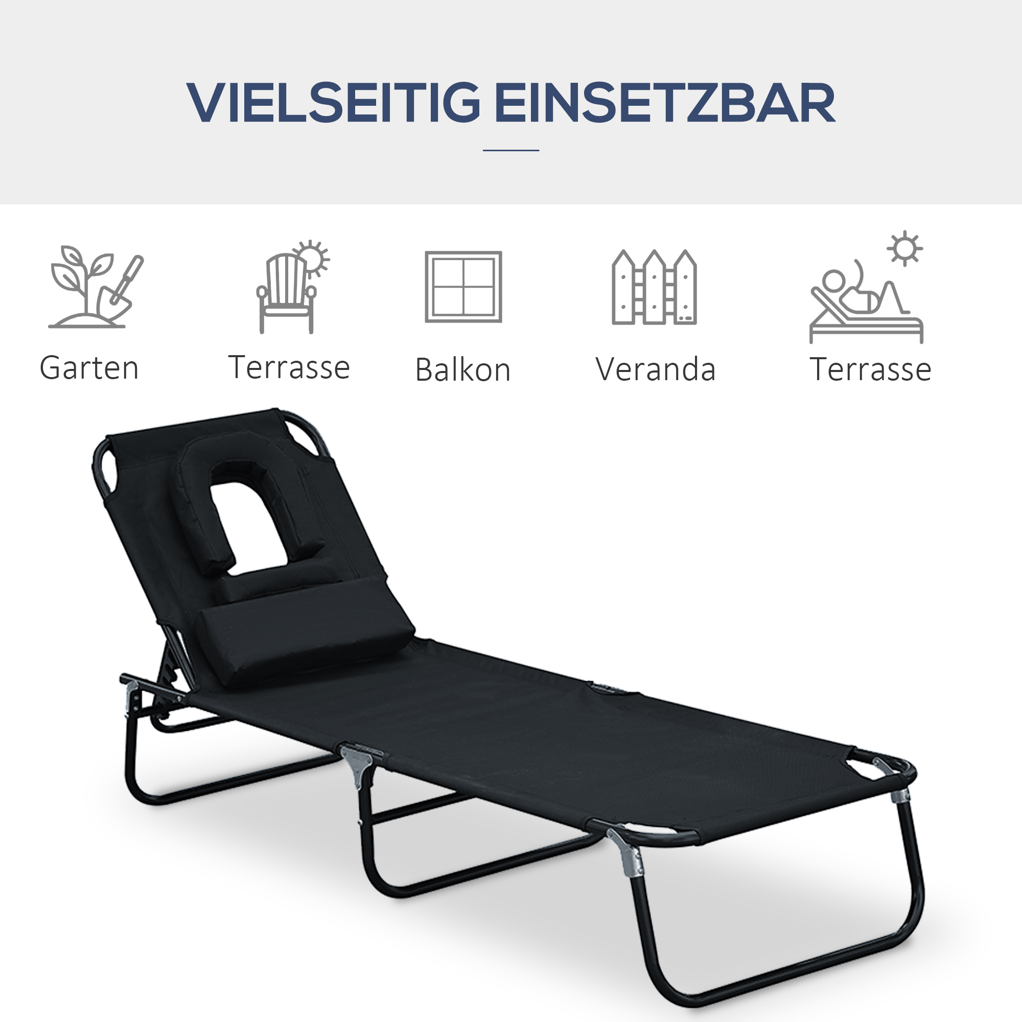 Schwarze Outdoor-Liege mit Kissen auf weißem Hintergrund.