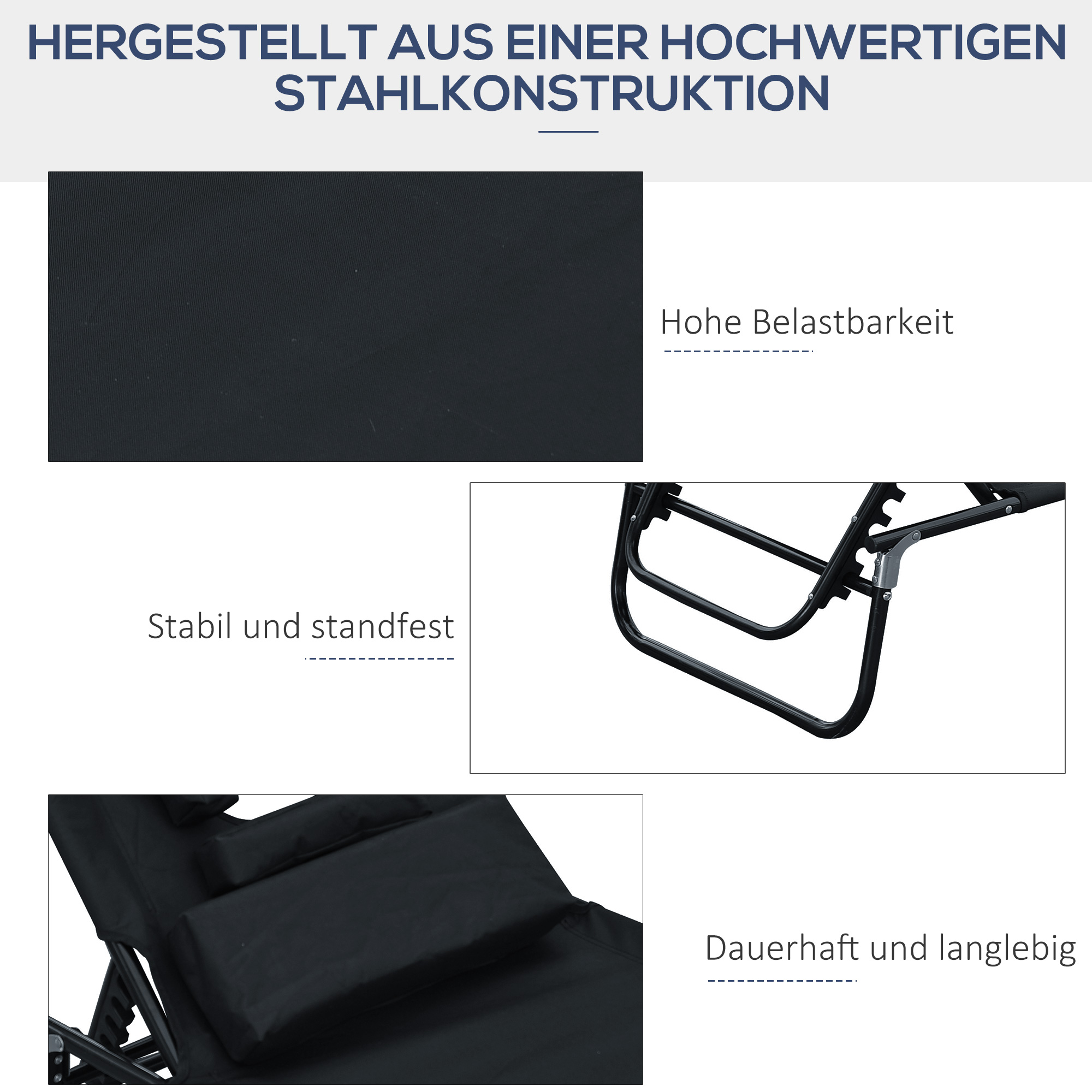 Bilder von Stoff, Rahmen und Kissen eines schwarzen Liegestuhls, als langlebig und stabil bezeichnet.