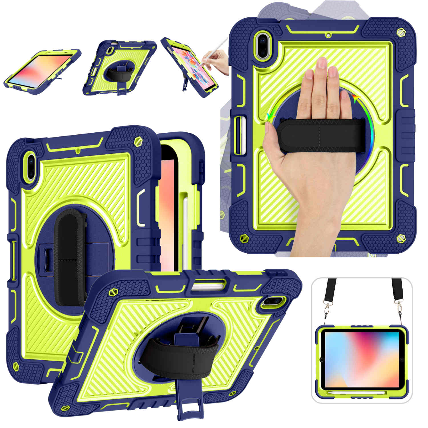 Blau-gelbe Tablethülle mit mehreren Ansichten, Hand hält Tablet und Gurt.