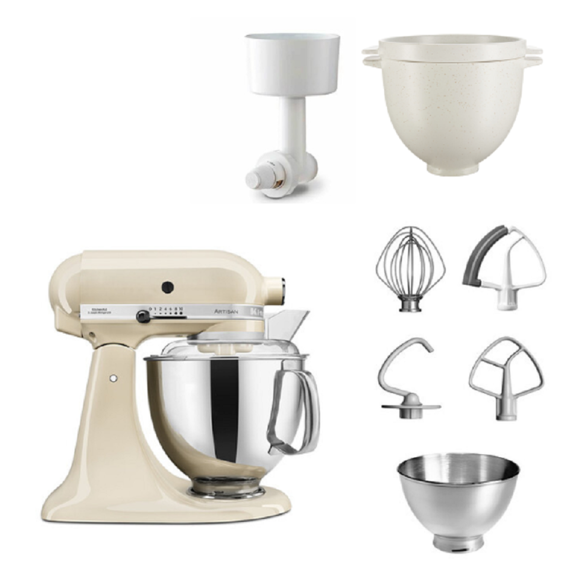 KitchenAid Küchenmaschine mit mehreren Aufsätzen. Enthält eine Schüssel, Rührbesen, Schneebesen, Knethaken und Mahlwerk.