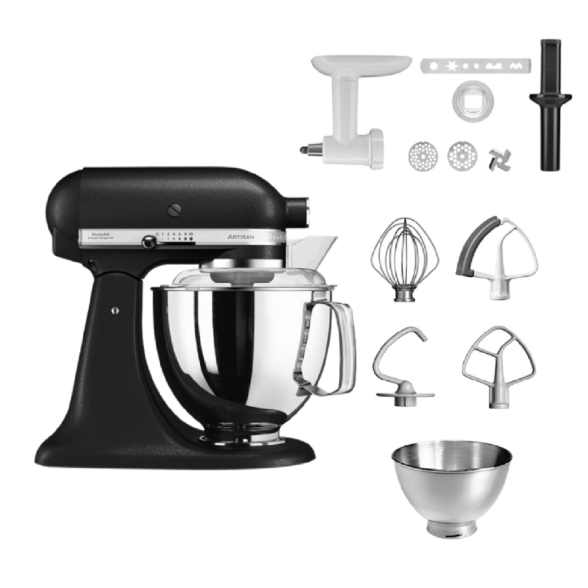 Schwarzer KitchenAid-Mixer mit verschiedenen Aufsätzen, einschließlich einer Schüssel und verschiedenen Rührern.