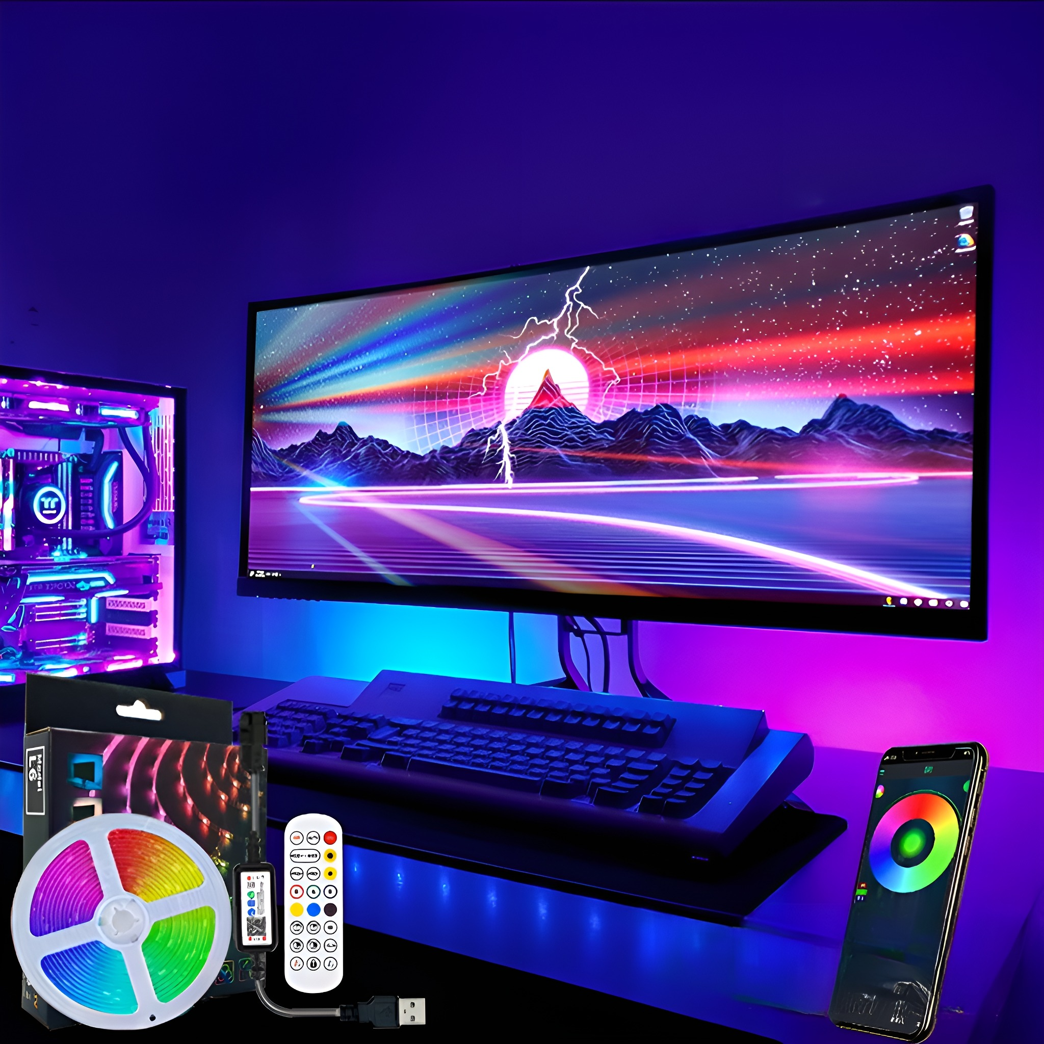 Gaming-Setup mit großem Monitor, Tastatur und LED-Leuchten. Ein Telefon zeigt die Farbsteuerung.