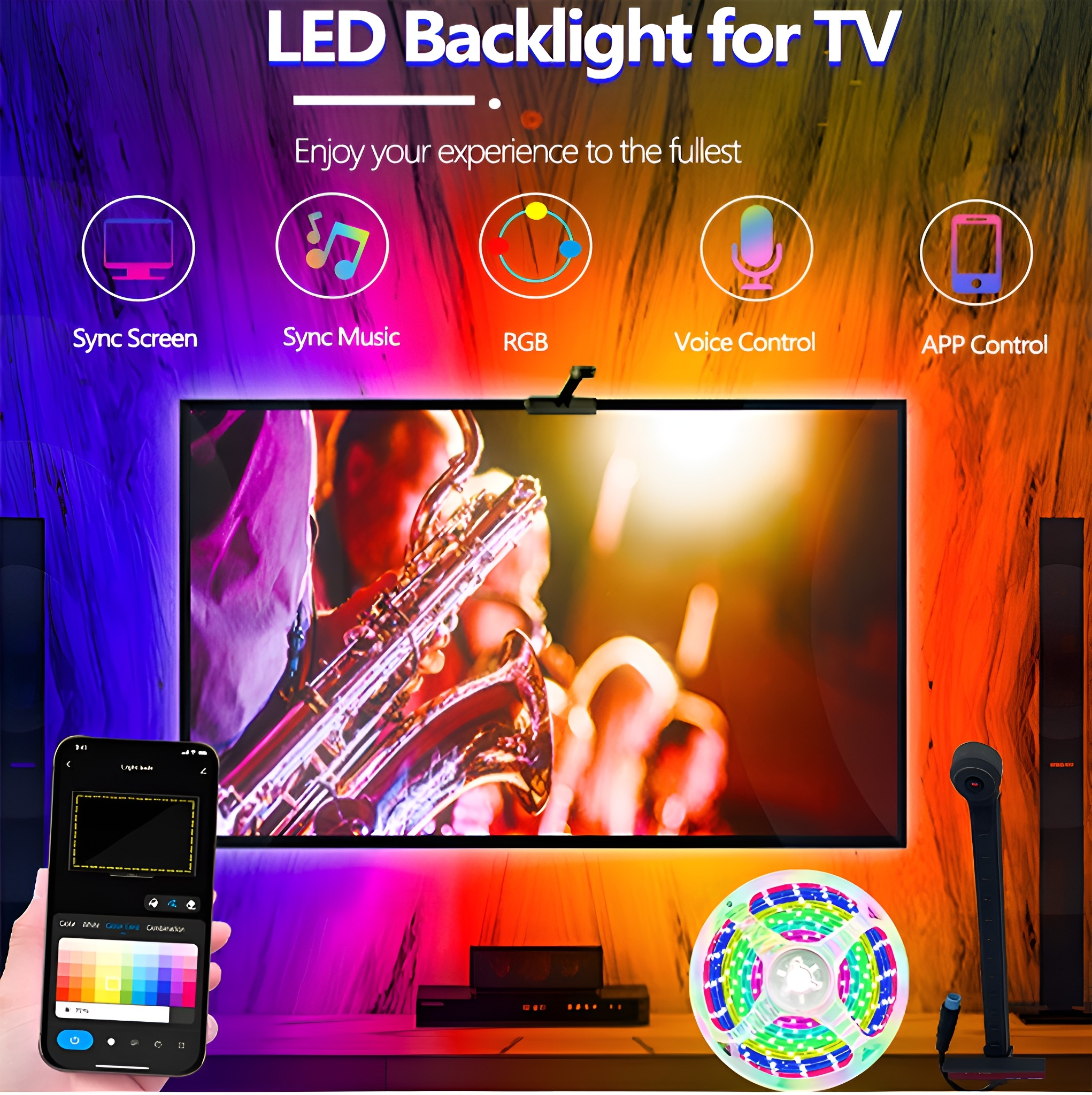 Ein LED-Hintergrundbeleuchtungs-Setup für einen Fernseher, mit einer Person, die ein Telefon mit Farbpalette hält.