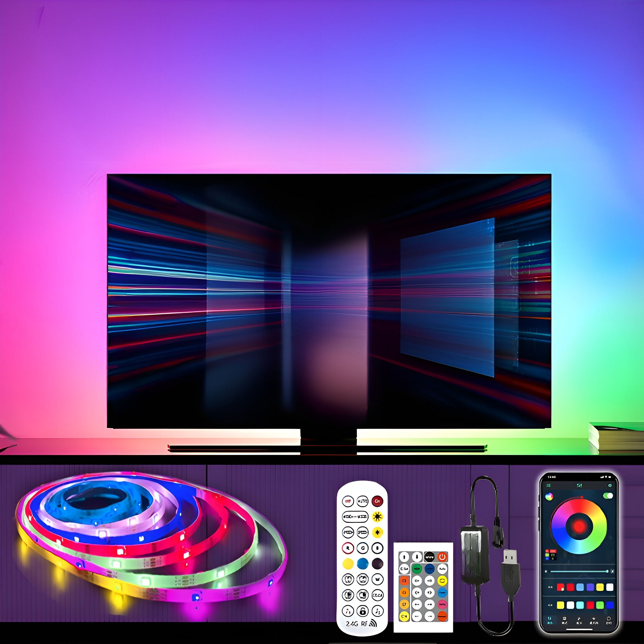 Ein Fernseher mit mehrfarbigen LED-Streifen darum herum. Fernbedienung und Smartphone.