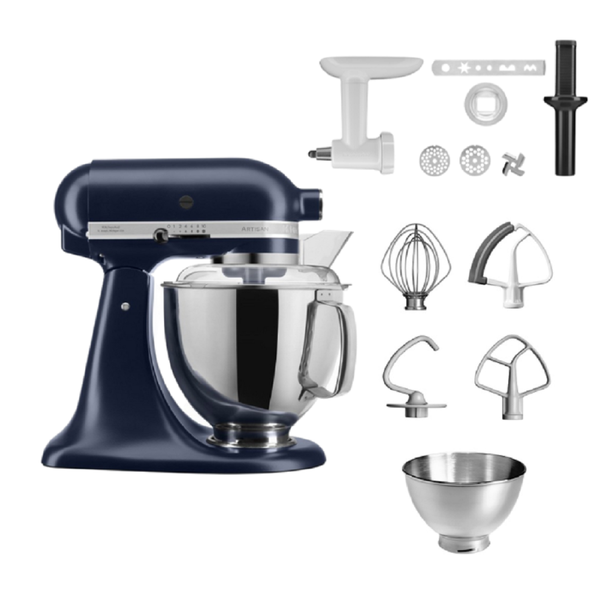 Dunkelblauer KitchenAid-Mixer mit Aufsätzen, auf weißem Hintergrund.