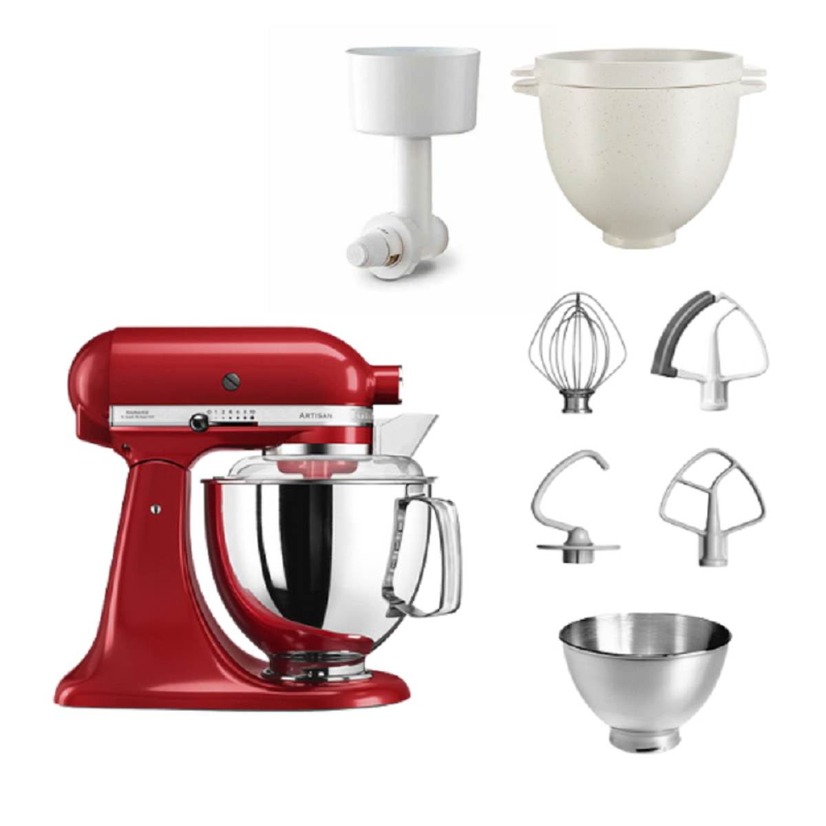 Roter Küchenmixer mit Aufsätzen. Enthält eine Schüssel, einen Schneebesen, einen Rührbesen und einen Knethaken.