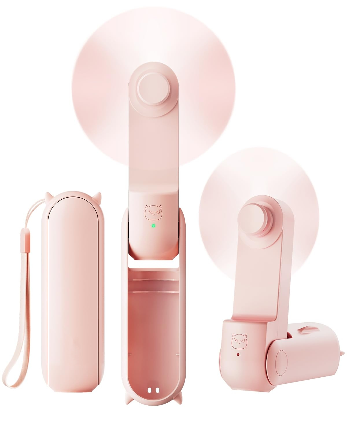 Drei rosa tragbare Ventilatoren. Einer ist zusammengeklappt, einer offen und einer liegt auf der Seite.