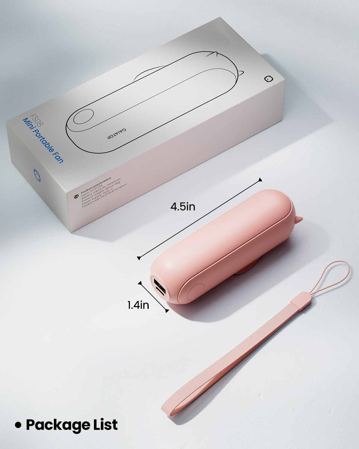 Ein rosa Mini-Handventilator mit rosa Handschlaufe und einer weißen Box mit Text.