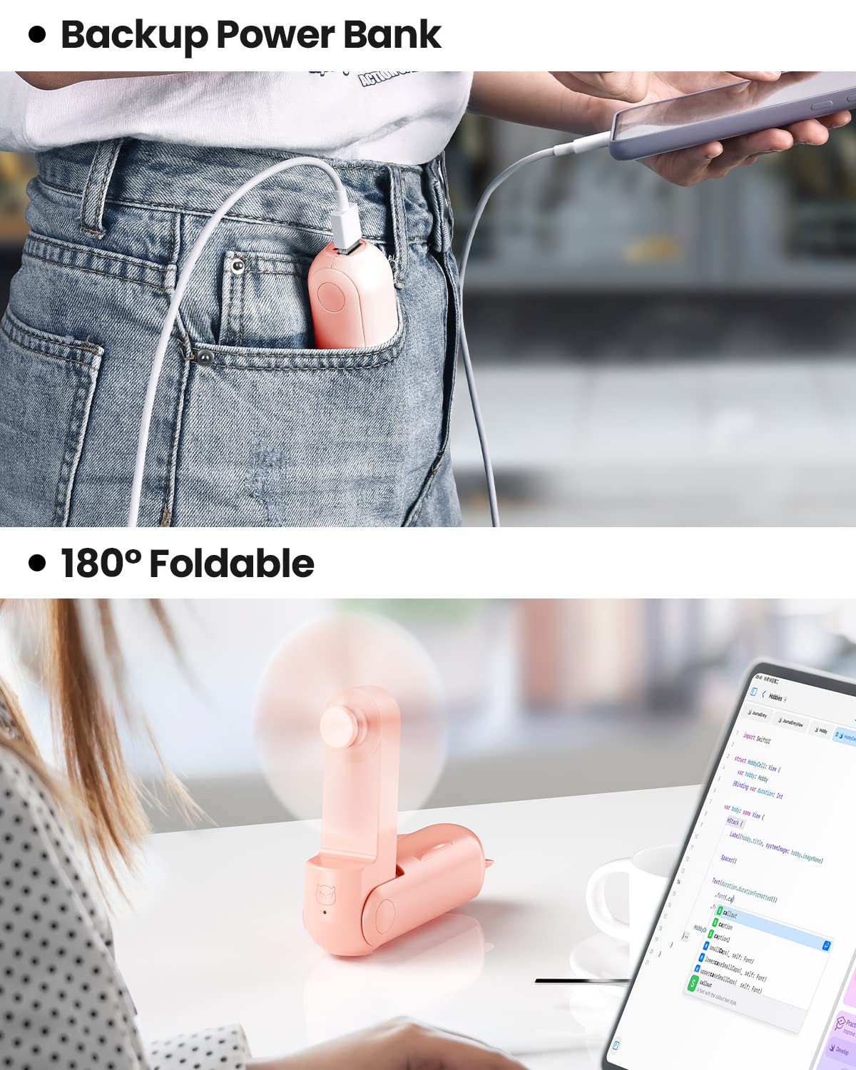 Eine Person, die ein Telefon mit einer Powerbank auflädt. Ein faltbarer rosa Ventilator wird angezeigt.