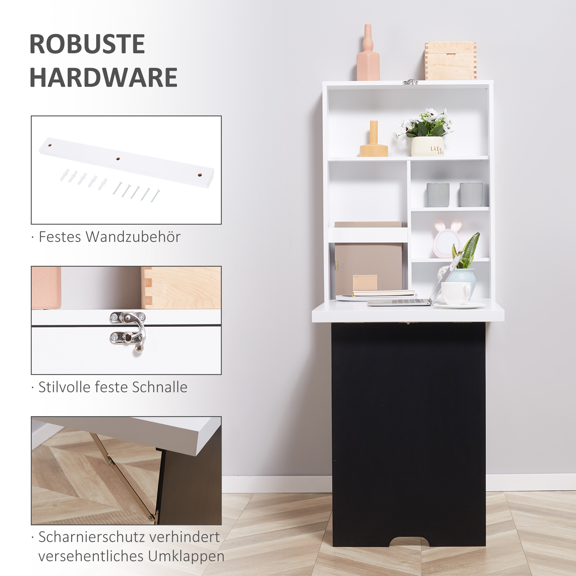 Ein weiß-schwarzer Schrank mit Regalen und einem herunterklappbaren Schreibtisch. Die Hardware wird detailliert hervorgehoben.