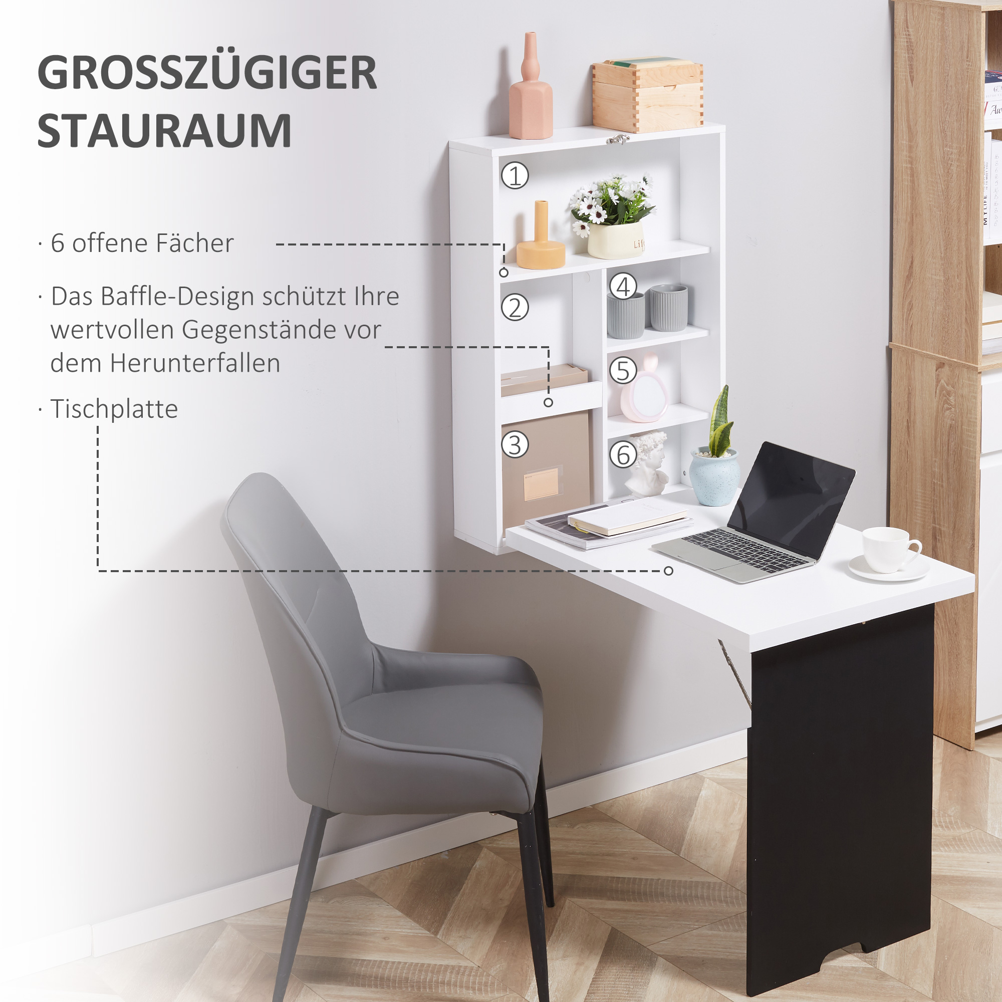 Weißer, an der Wand befestigter Schreibtisch mit offenen Regalen und einem Laptop.