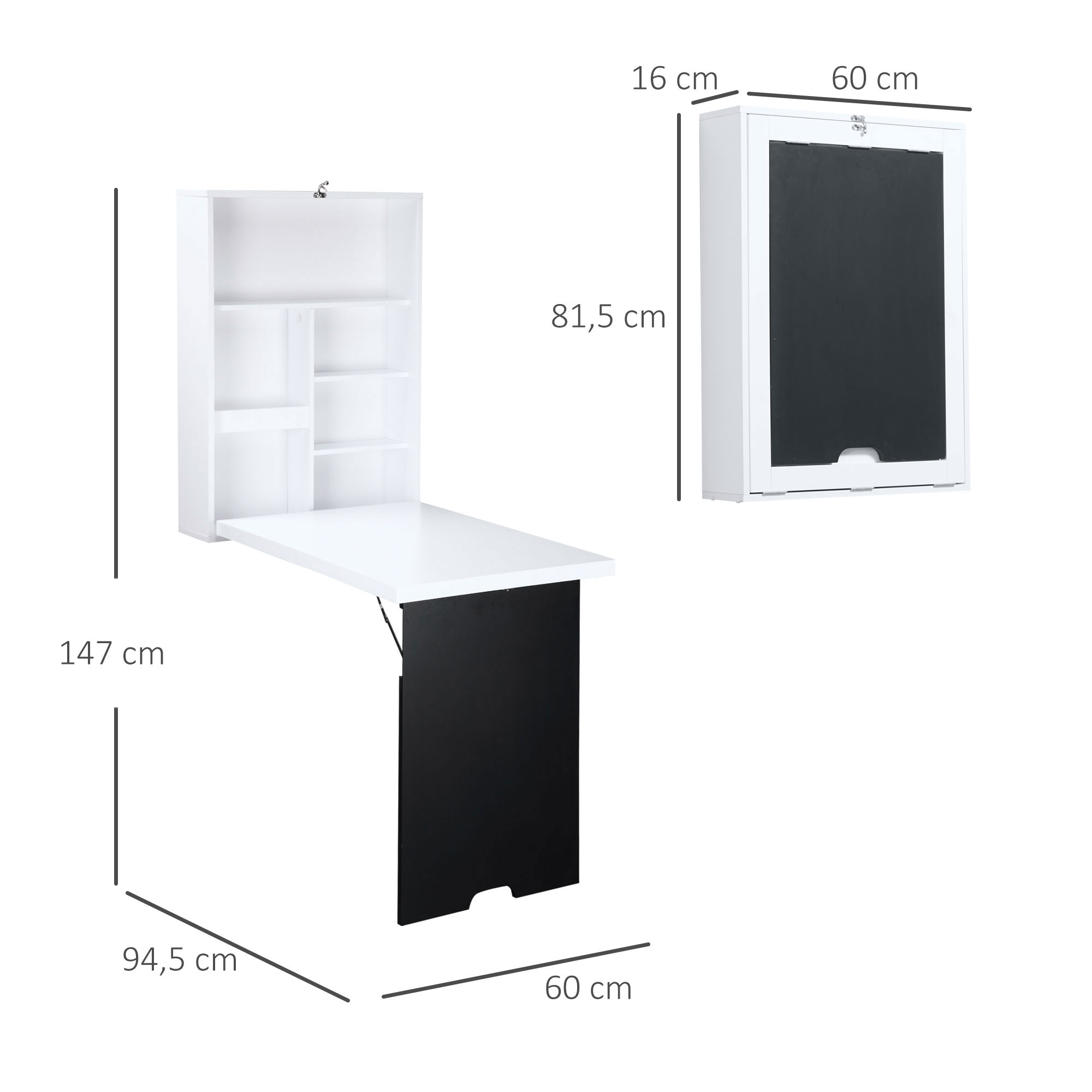 Weißer Wandtisch mit Schrank und schwarzer Tafel.