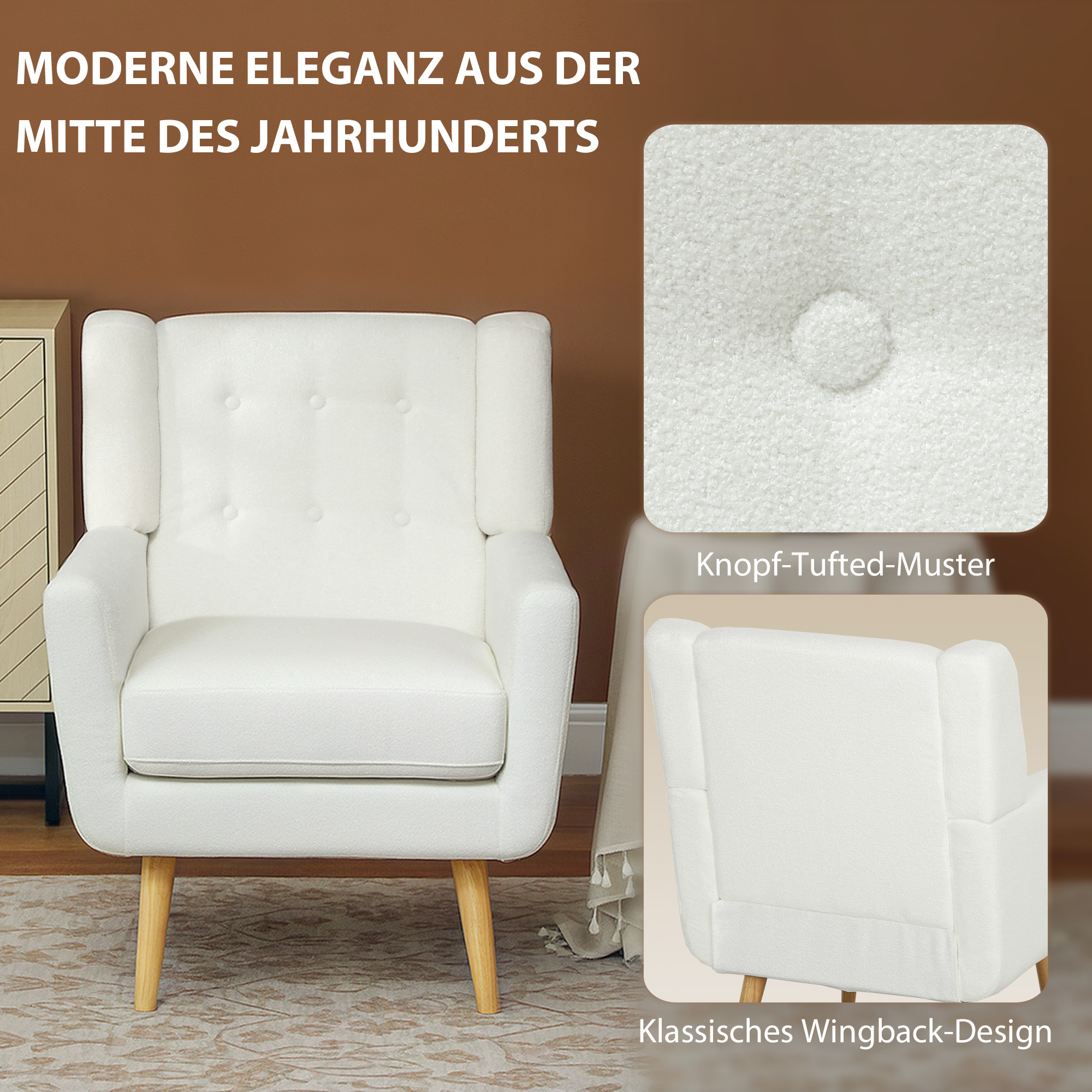 Weißer Sessel mit getufteter Rückenlehne und Holzbeinen. Nahaufnahmen des Stuhls werden gezeigt.