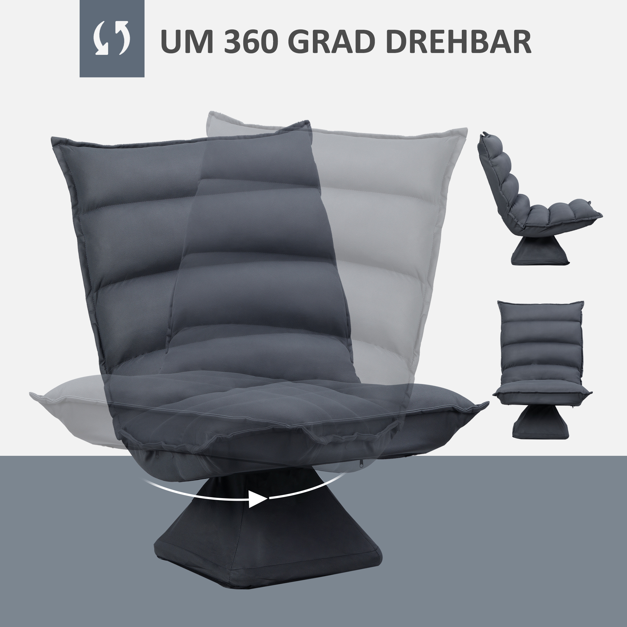 Ein grauer Stuhl mit 360-Grad-Drehbarkeit.