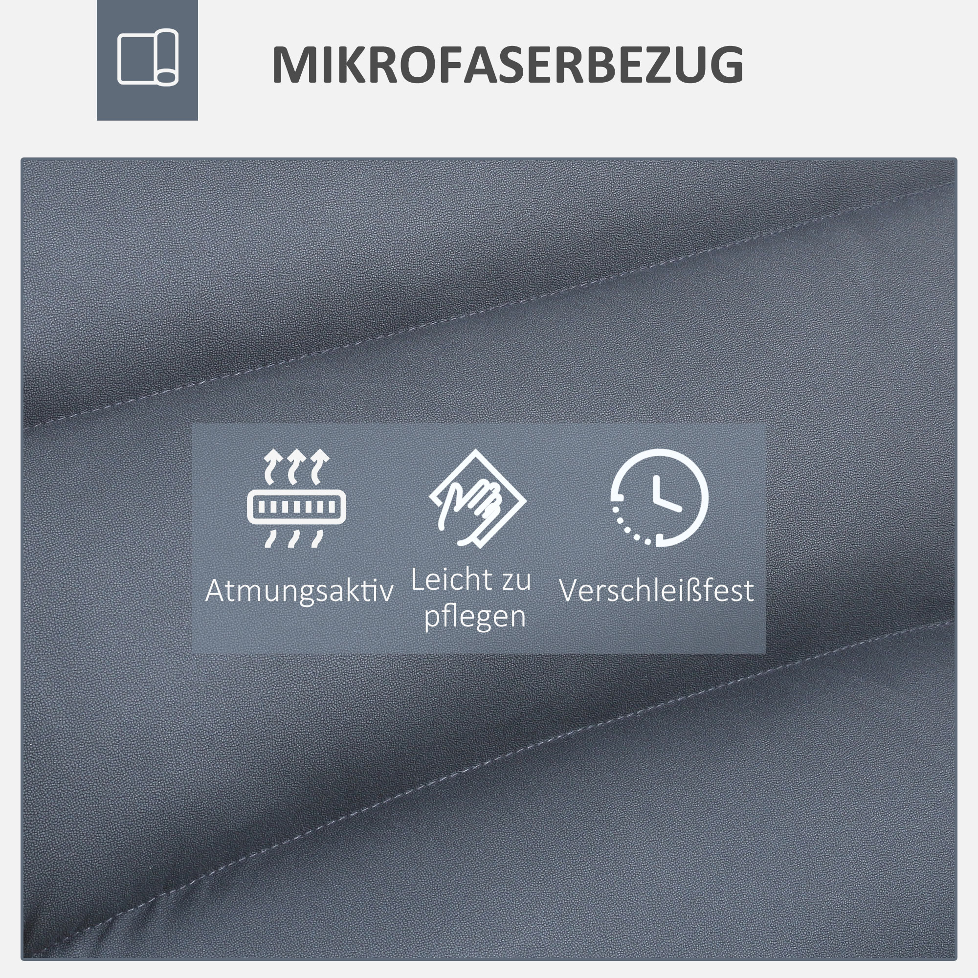 Nahaufnahme eines grauen Mikrofasergewebes mit Symbolen für atmungsaktiv, pflegeleicht und strapazierfähig.