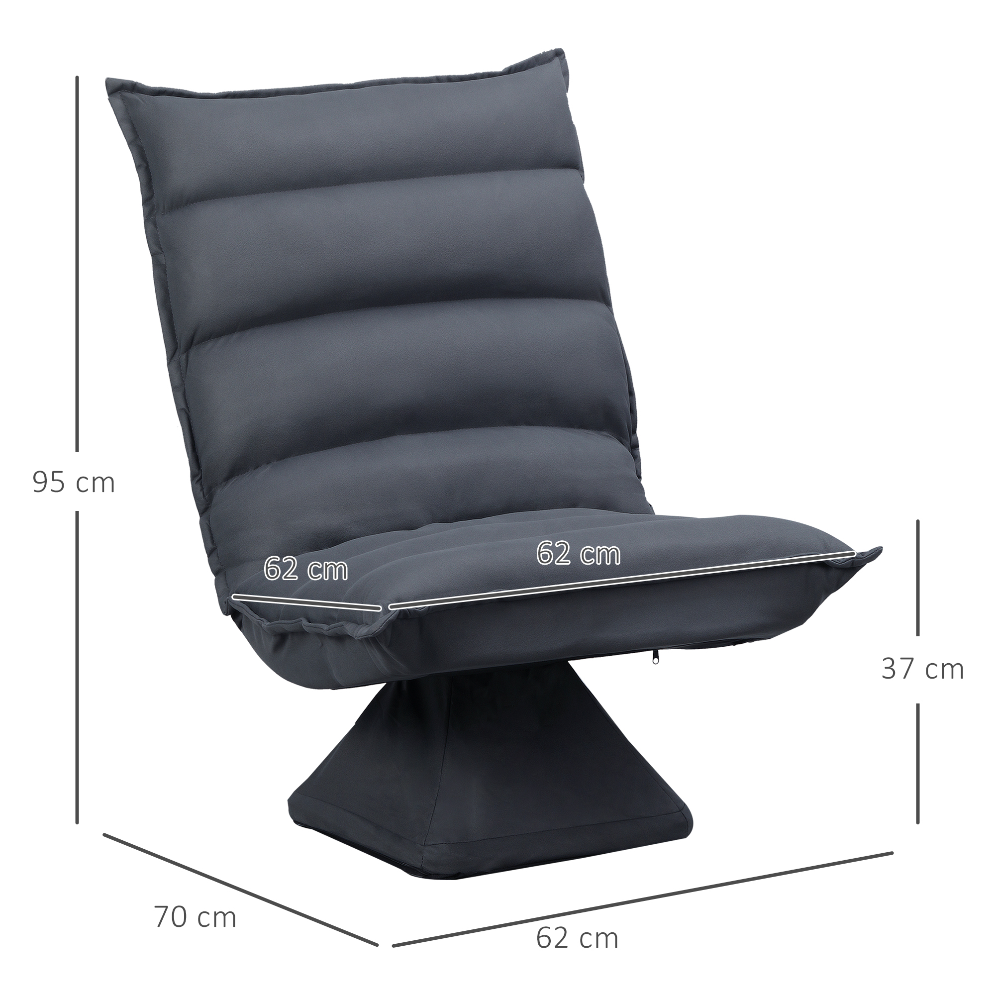 Ein schwarzer Loungesessel mit gepolstertem Sitz und Rücken. Abmessungen sind mit Zentimeterangaben.