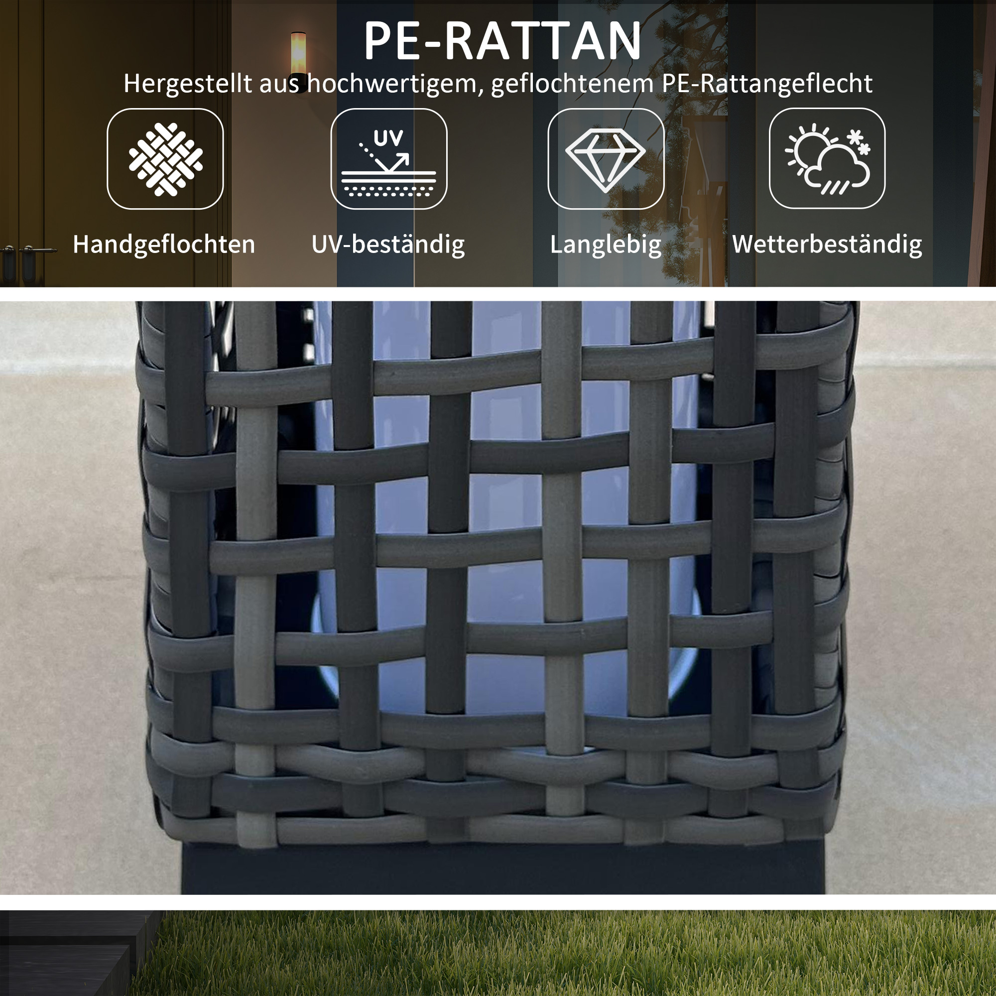 Nahaufnahme von grauem PE-Rattan. Symbole für handgewebt, UV-beständig, langlebig und wetterfest.