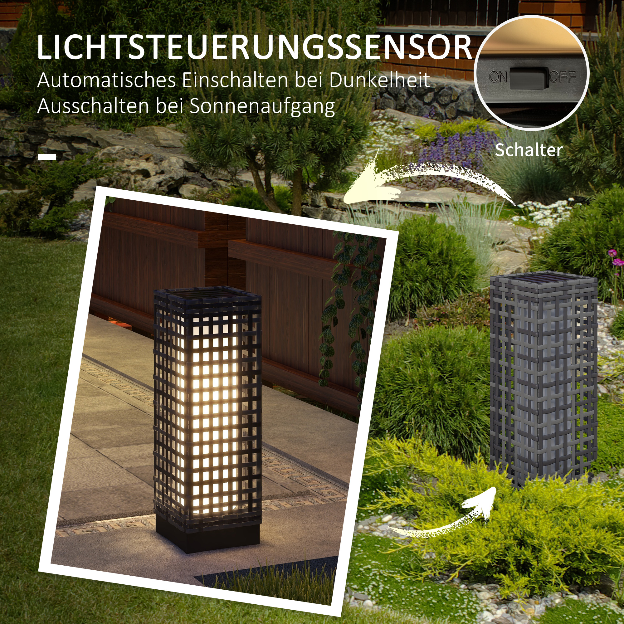 Gartenlaterne mit Schalter, in einer Gartenumgebung.