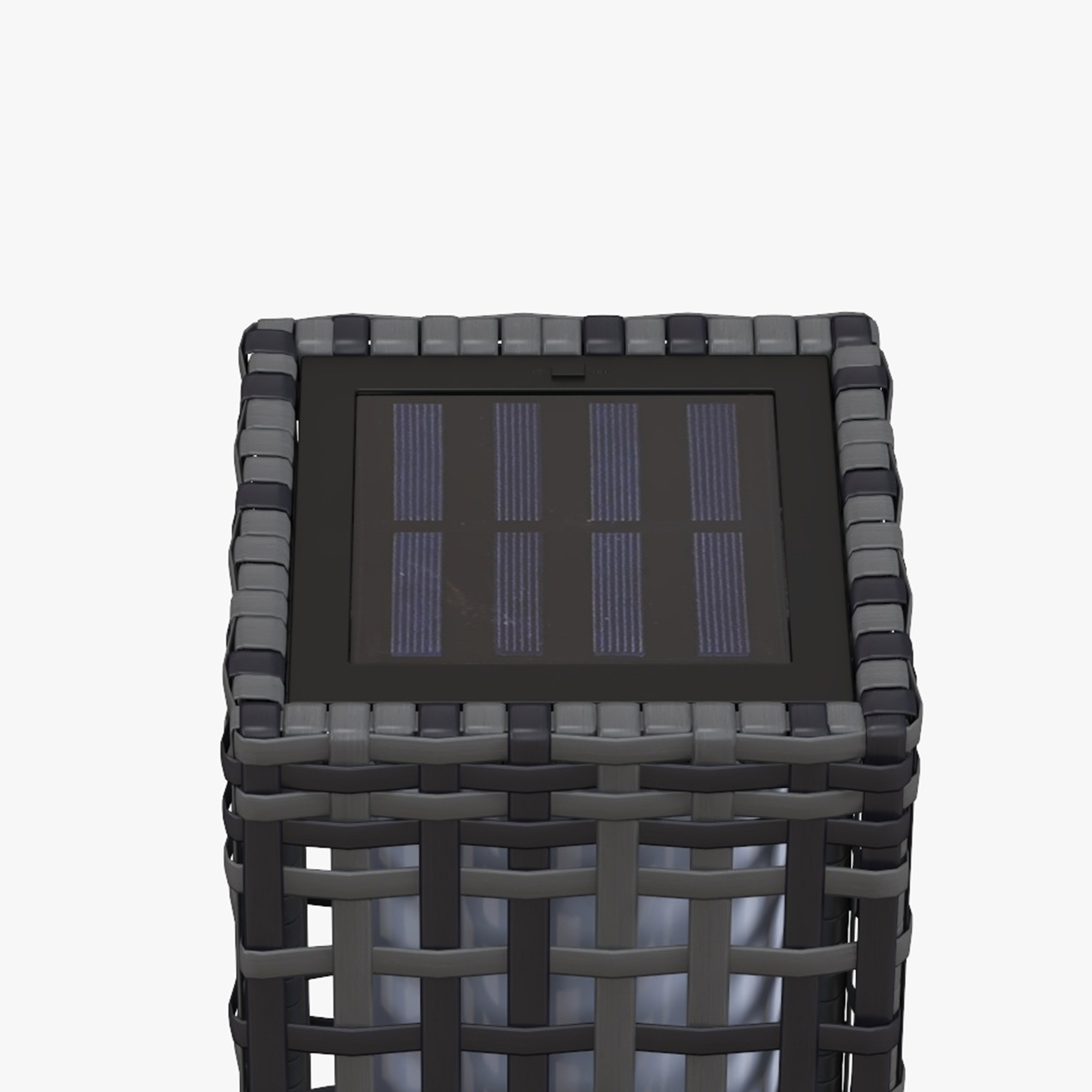 Solarbetriebene Gartenleuchte mit Webmuster und schwarzem Solarpanel oben.