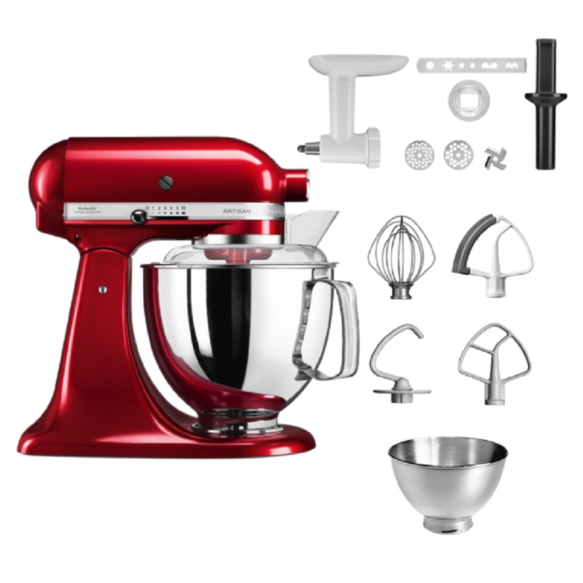 Roter KitchenAid-Mixer mit mehreren Aufsätzen. Inklusive Schüssel und Werkzeuge.