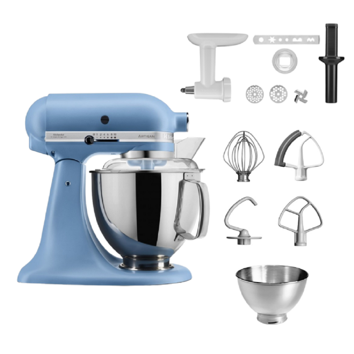 Ein blauer Küchenmixer mit Aufsätzen und einer Metallschüssel. Der Mixer steht auf weißem Hintergrund.
