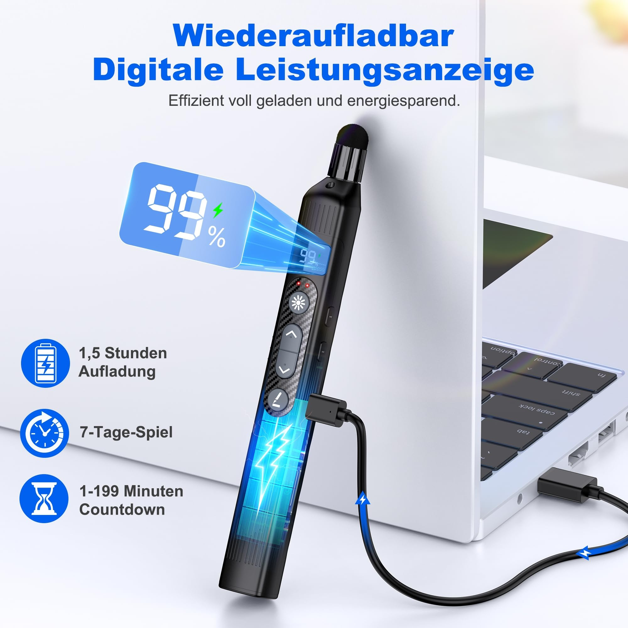 Schwarz-silbernes Gerät mit digitaler Anzeige, die den Akkustand und das Laden anzeigt.