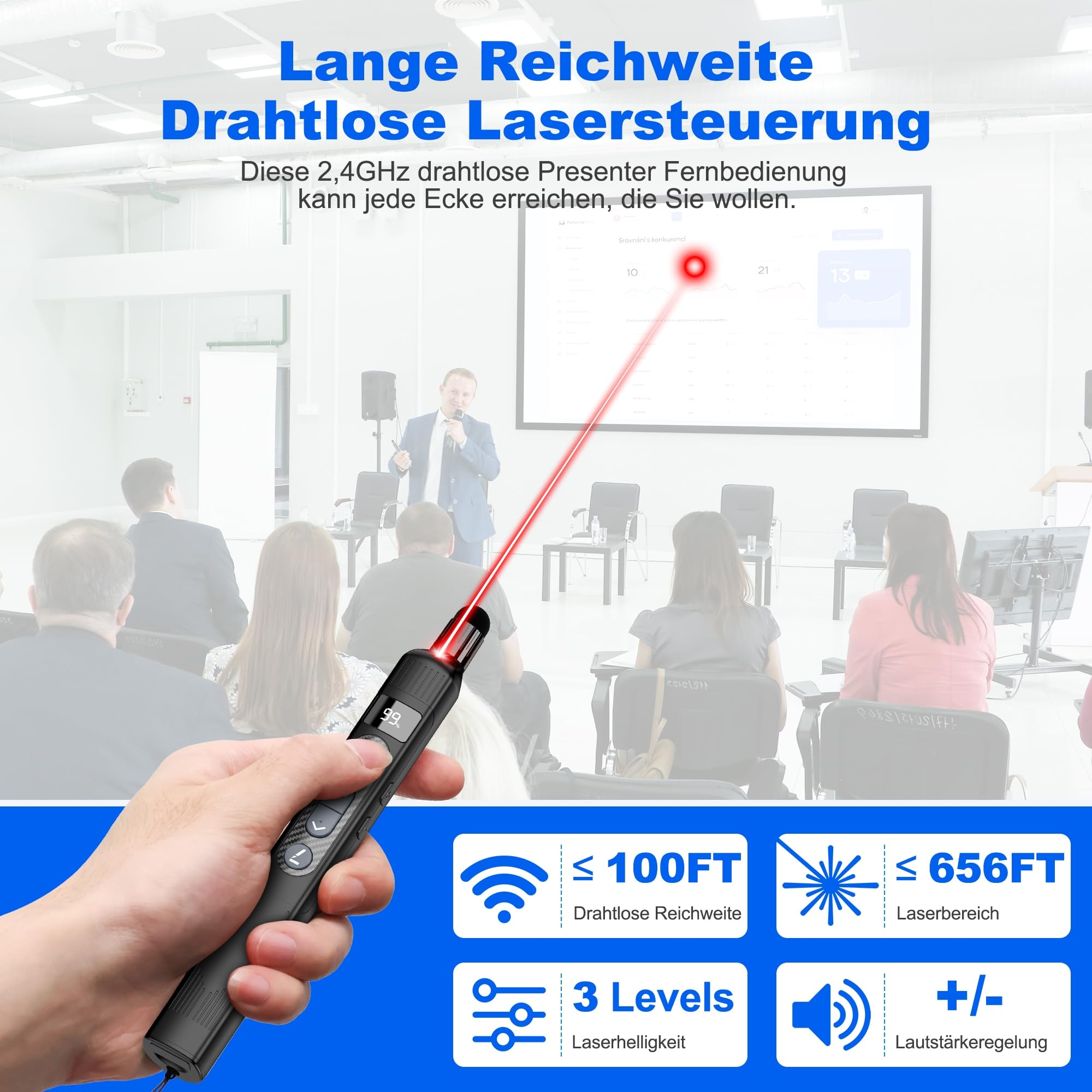 Ein Mann präsentiert mit einem Laserpointer, der die drahtlose Reichweite und die Laserstufen anzeigt.
