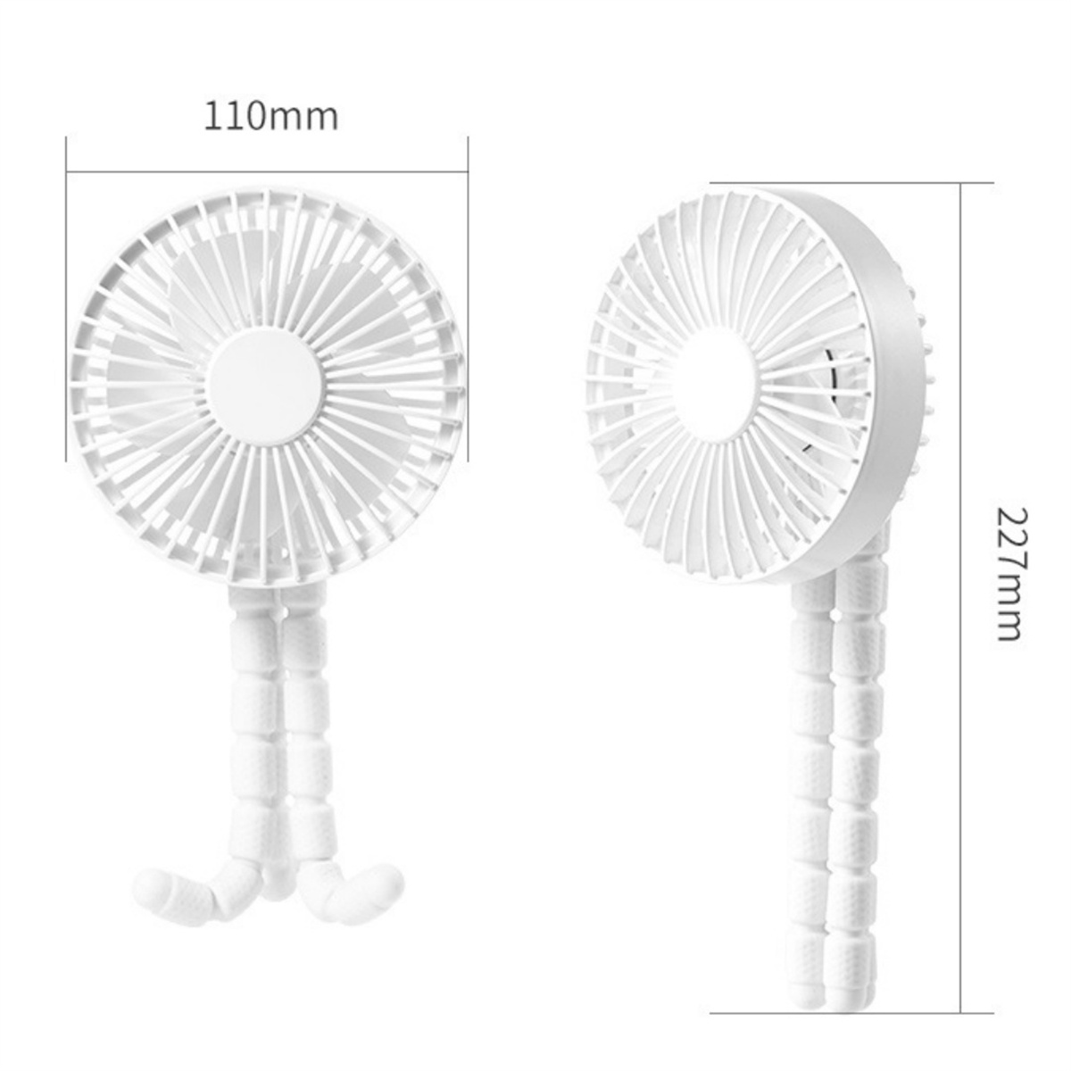 Zwei weiße tragbare Ventilatoren mit flexiblen Stielen, mit Abmessungen beschriftet.