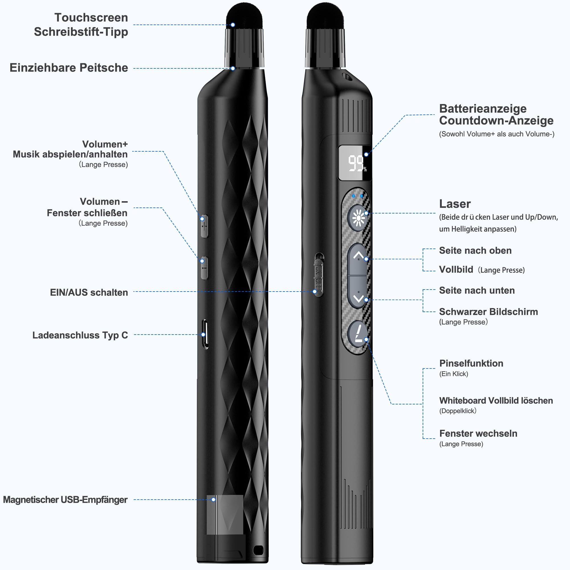 Zwei Ansichten eines schwarzen Stiftes mit Tasten- und Anschlussdetails, mit deutschen Anmerkungen.