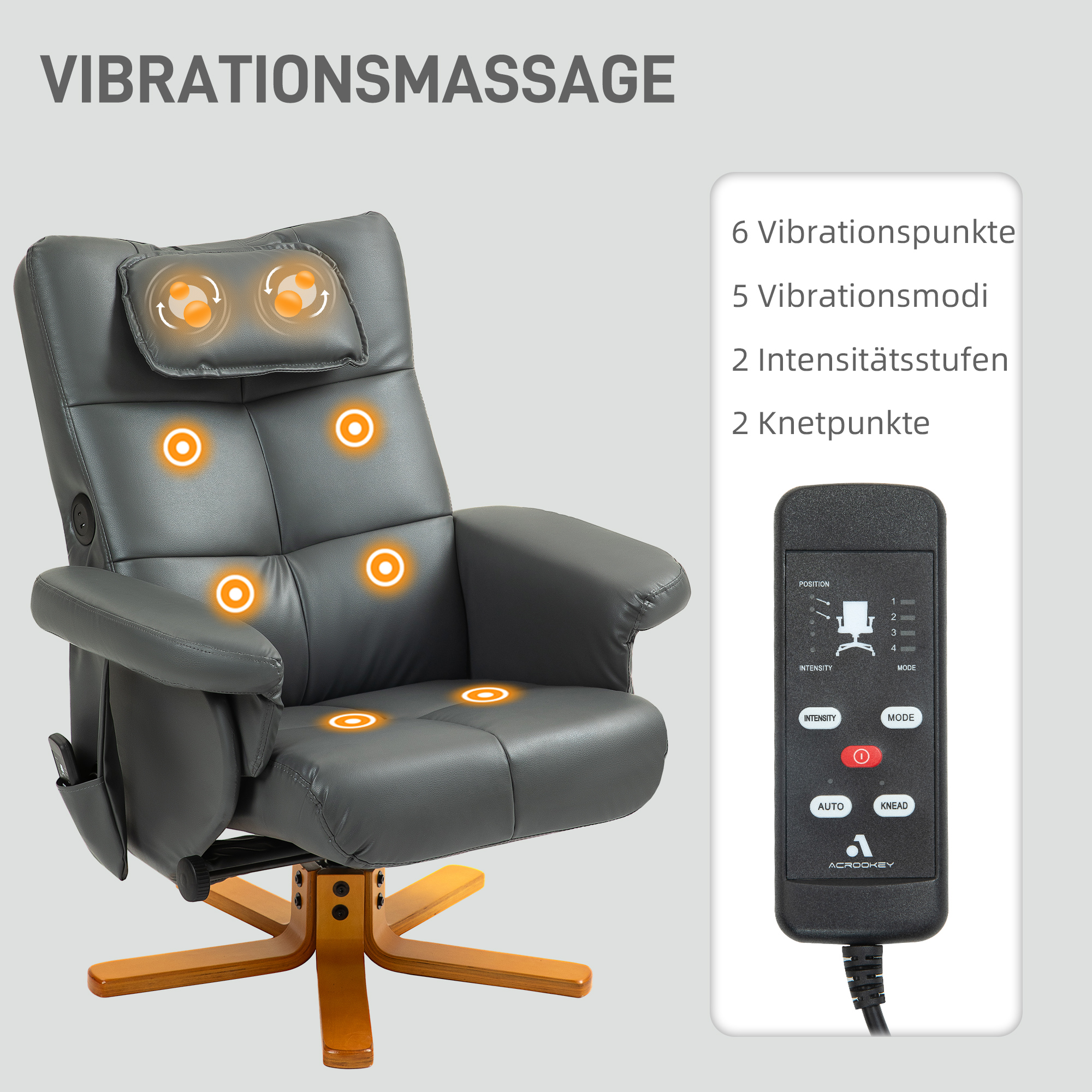 Grauer Massagestuhl mit Fernbedienung und Beschreibung der Massagefunktionen.