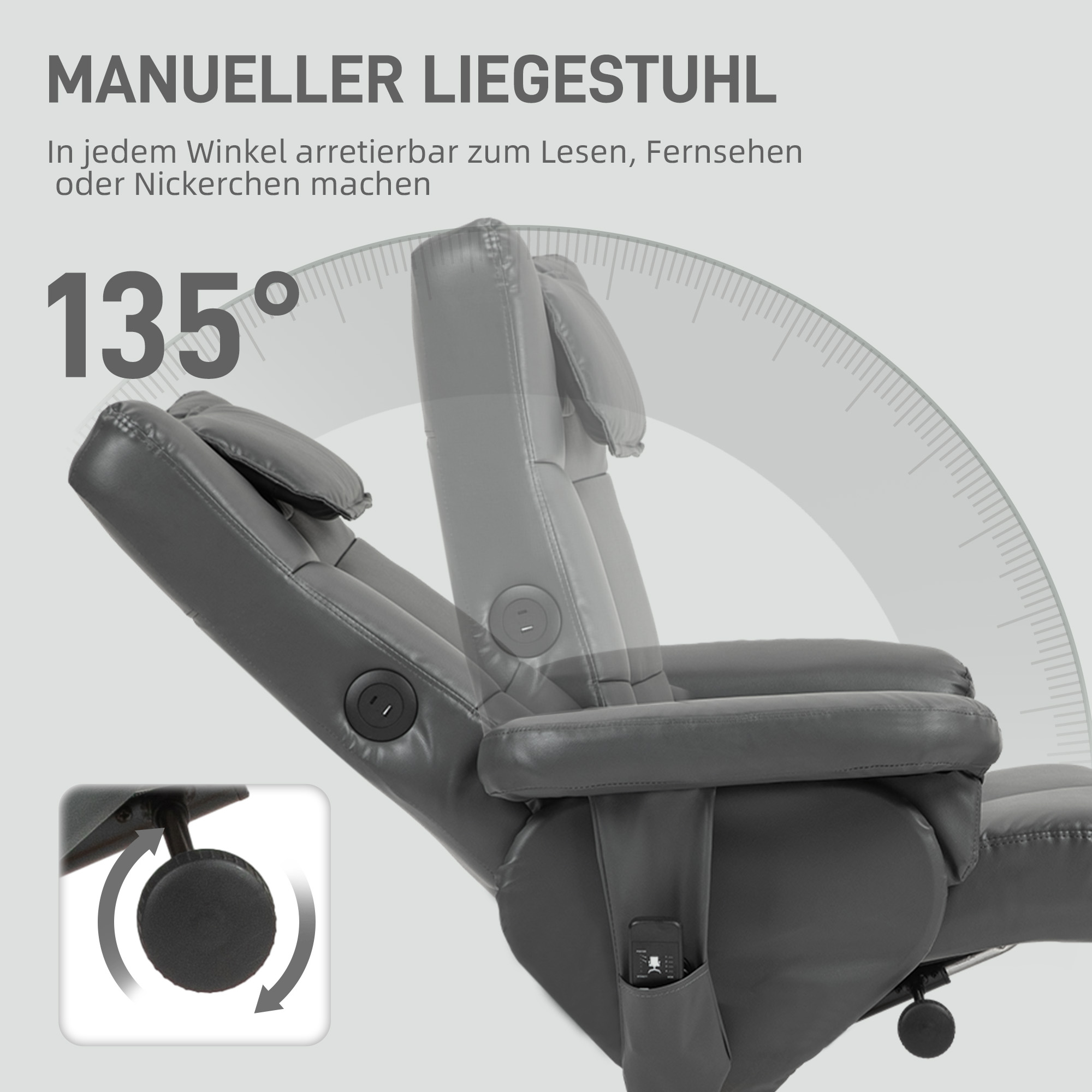 Ein grauer Relaxsessel mit einem Winkel von 135 Grad.