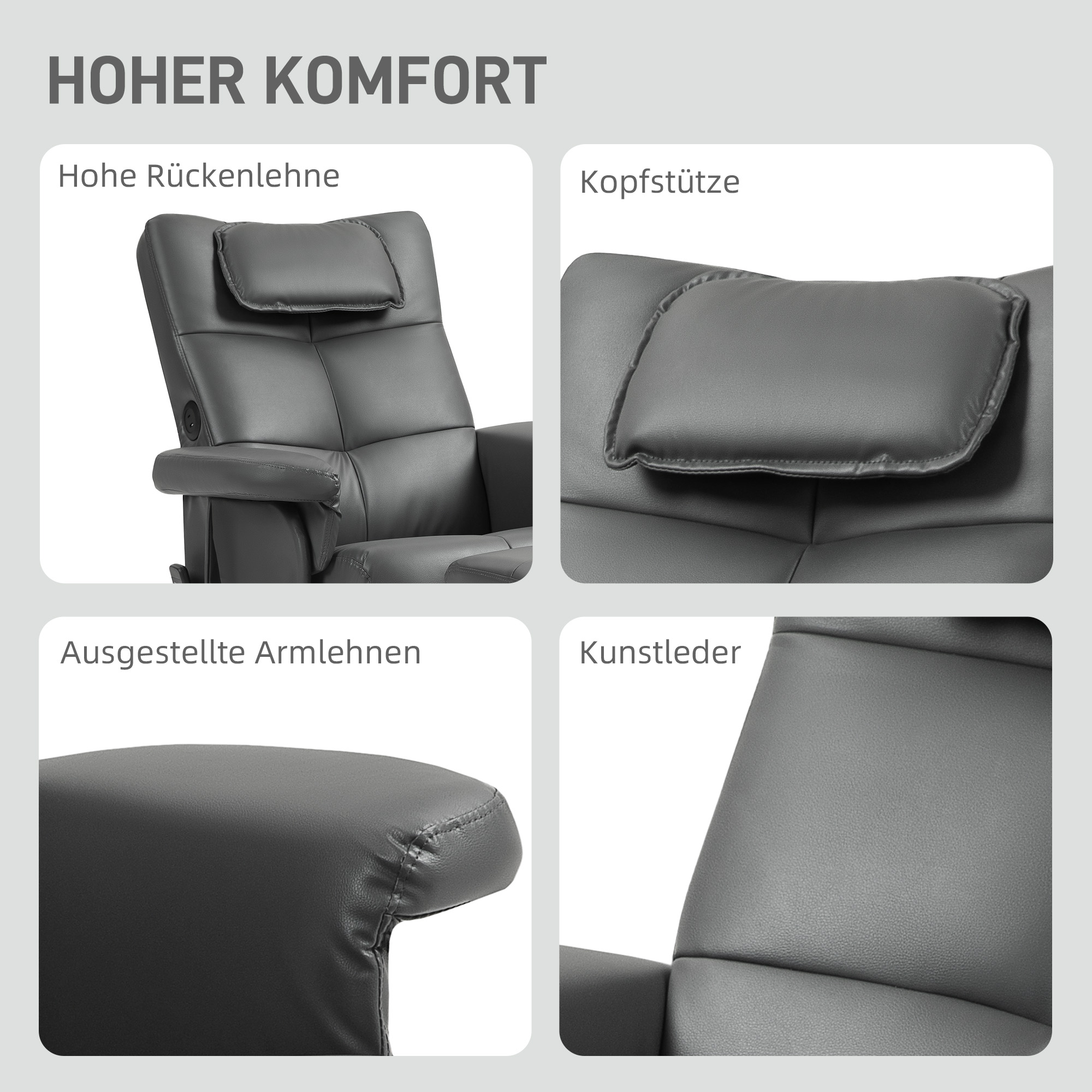 Nahaufnahme eines grauen Relaxsessels mit Kopfstütze und Armlehnen, Details zeigend.