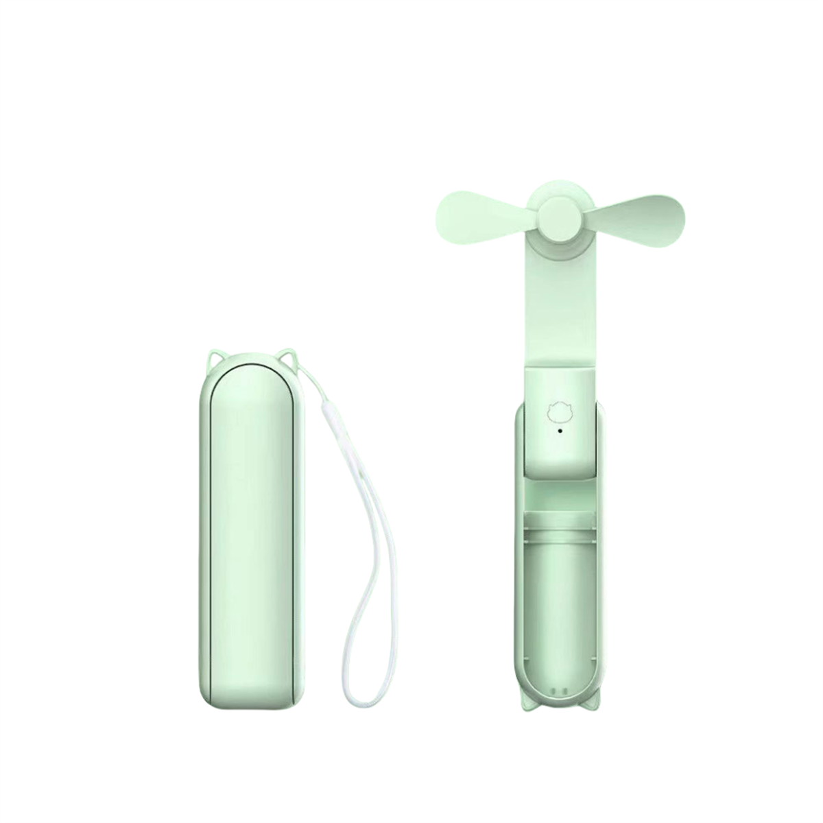 Kleiner, mintgrüner tragbarer Ventilator, geschlossen und offen, mit weißem Schlüsselband, isoliert.