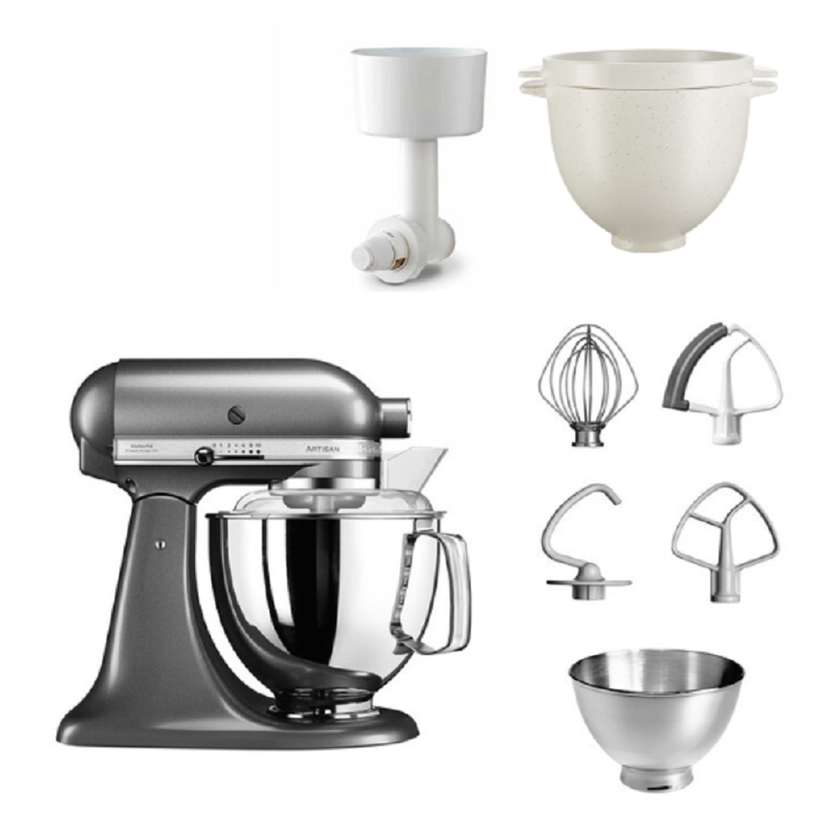 KitchenAid Artisan Küchenmaschine mit Zubehör. Verschiedene Aufsätze und Schüsseln werden gezeigt.