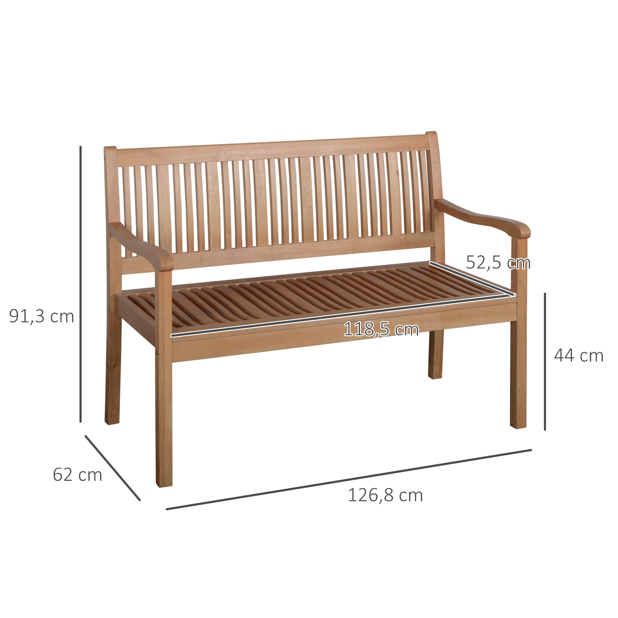 Eine Gartenbank aus Holz mit Abmessungen. Sie hat eine Lattenlehne und Sitzfläche, mit Armlehnen.