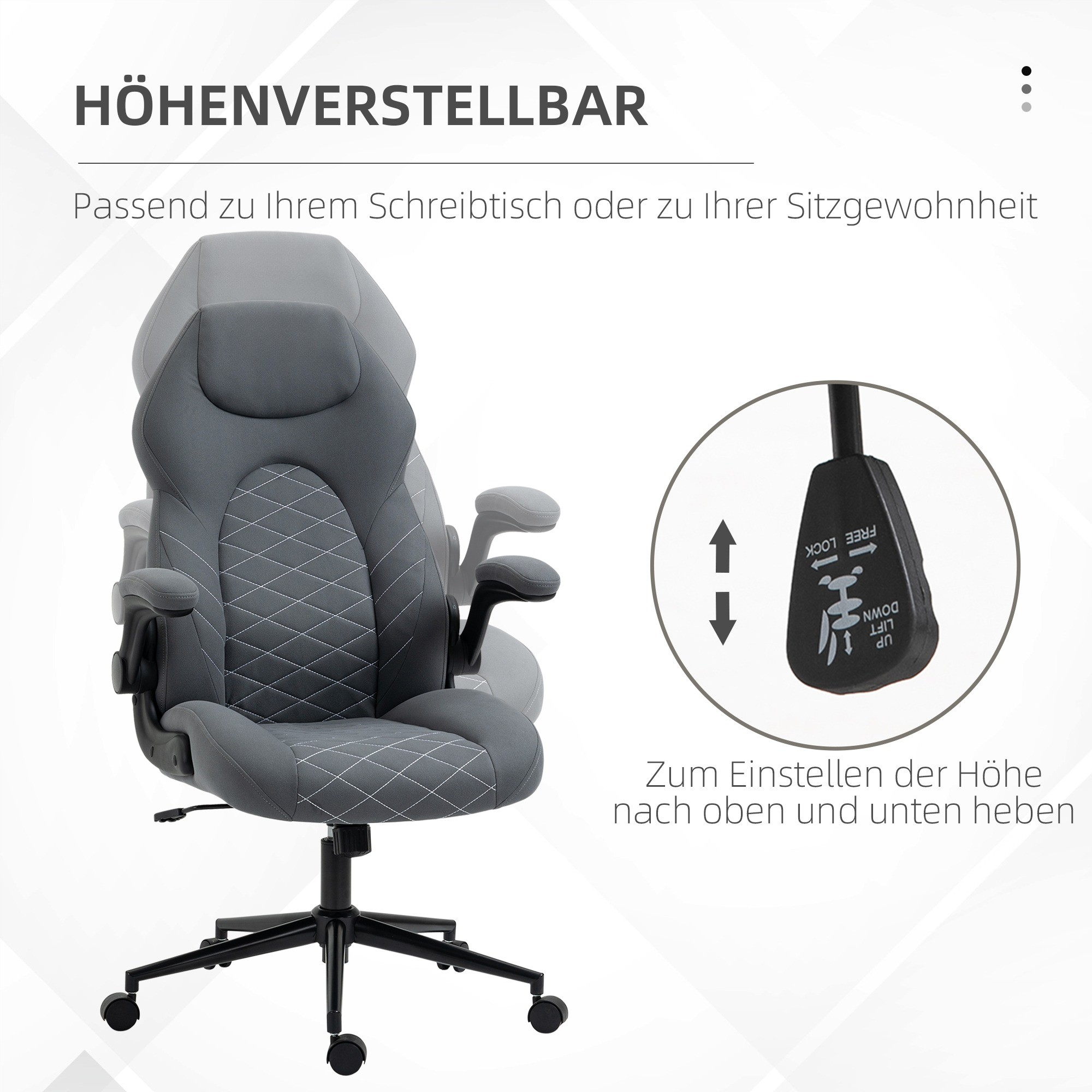 Grauer Bürostuhl. Der Stuhl ist verstellbar. Pfeile zeigen auf den Höhenverstellhebel.