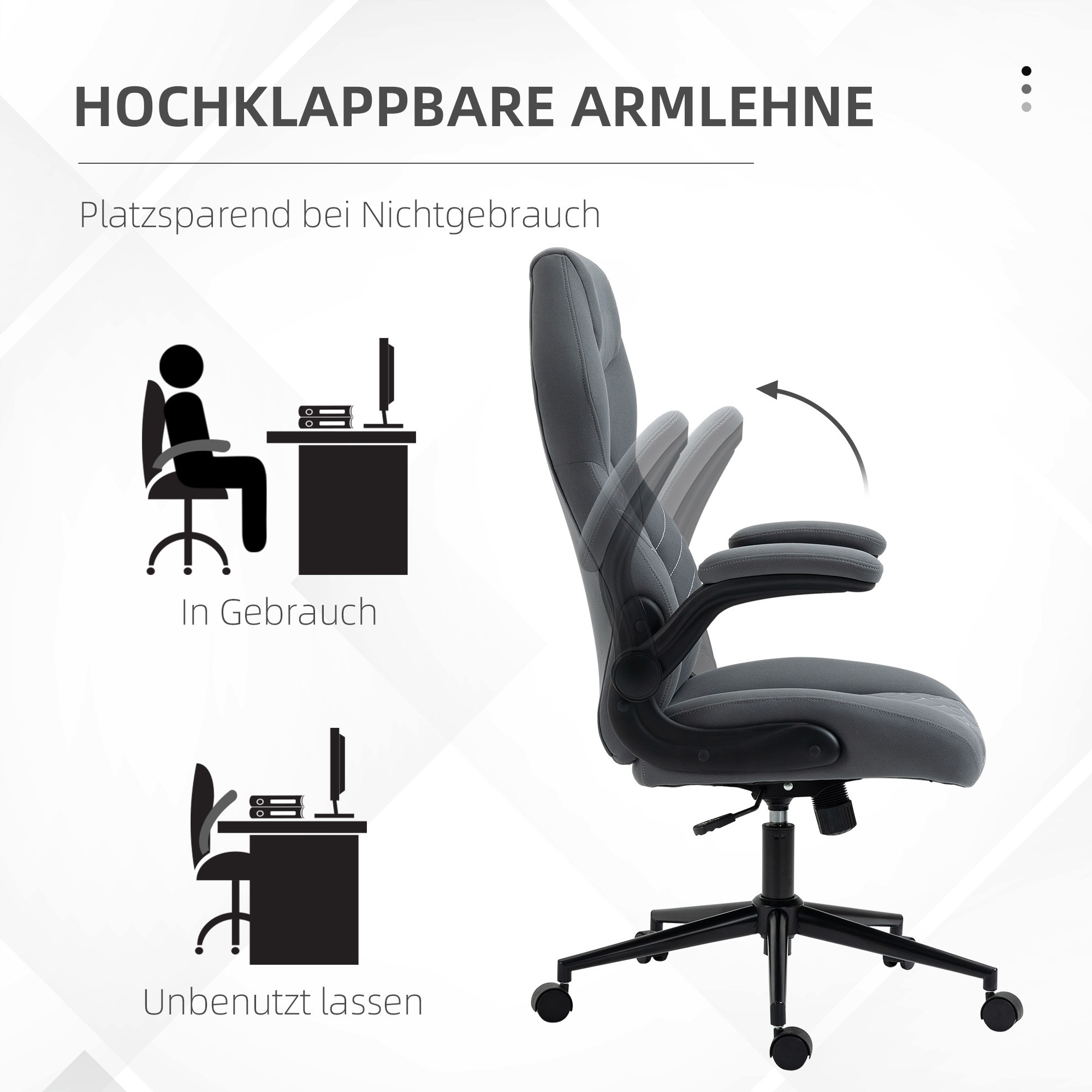 Diagramm eines Schreibtischstuhls mit verstellbaren Armlehnen, in Gebrauch und gefaltet.