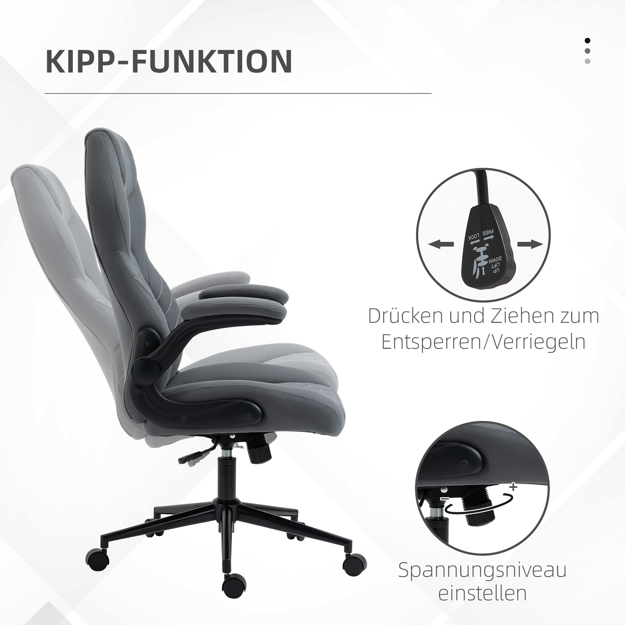Grauer Bürostuhl mit Kippfunktion, mit Steuerdiagrammen zur Einstellung.