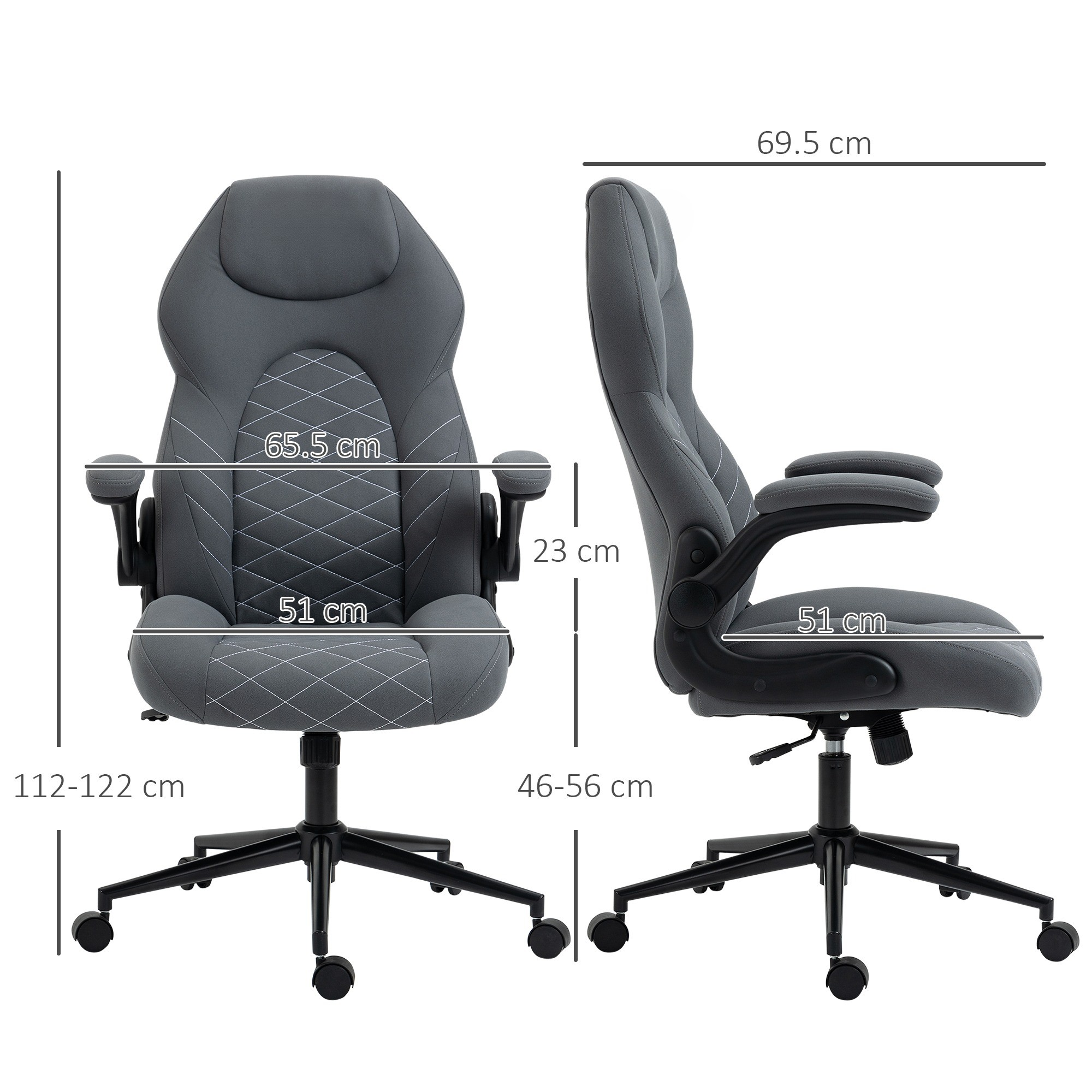 Zwei Ansichten eines grauen Gaming-Stuhls mit Maßangaben für Höhe und Breite auf weißem Hintergrund.