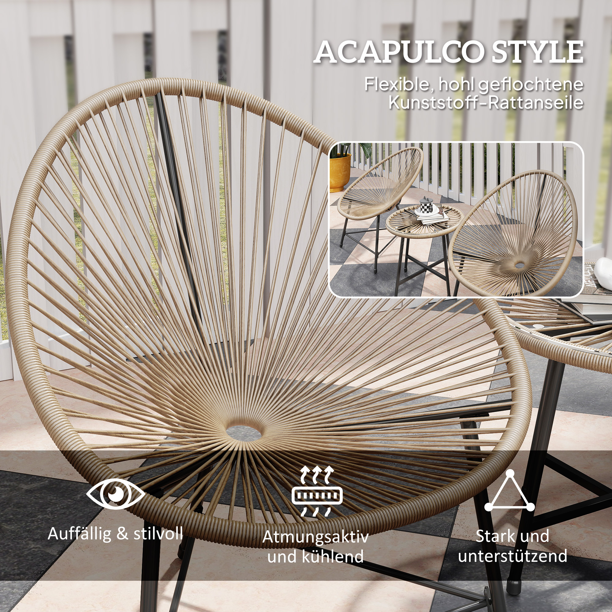 Acapulco-Stuhl und Tisch-Set, mit beigem gewebtem Sitz und schwarzem Rahmen.