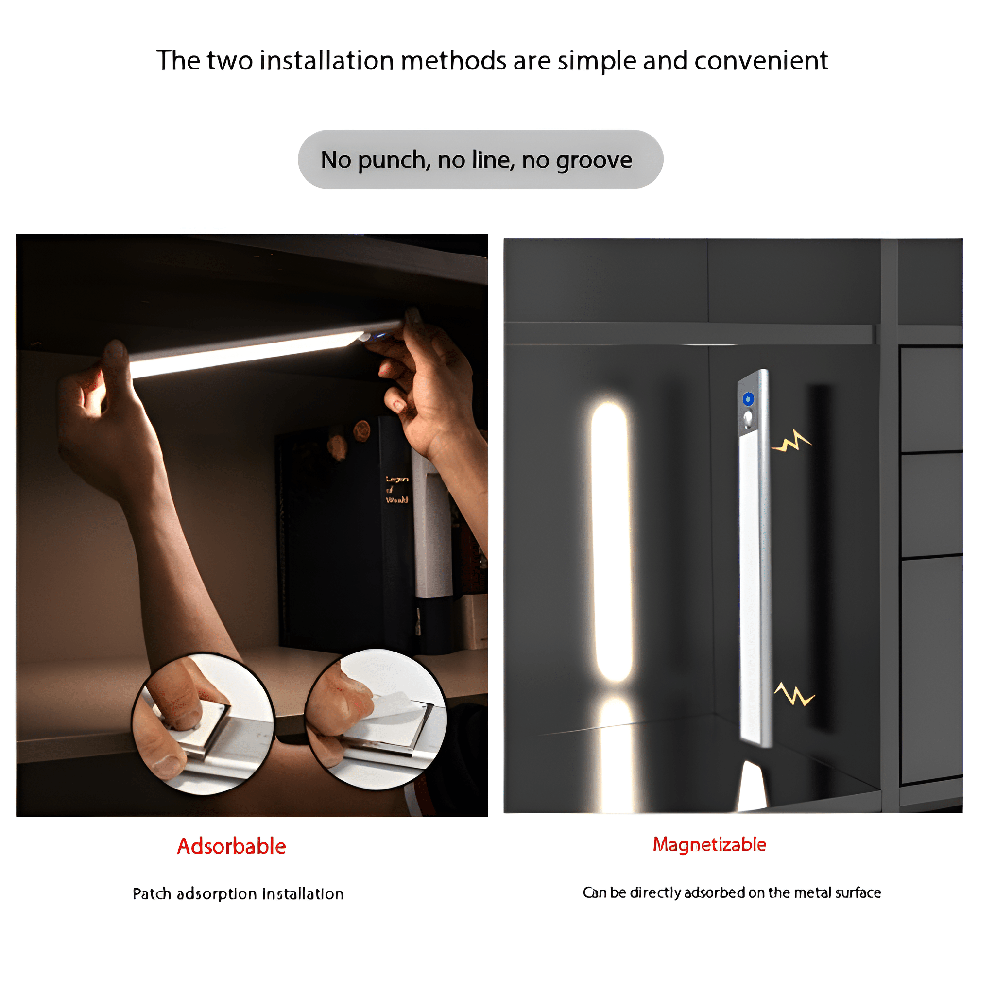 Zwei Bilder zeigen die Installation eines Lichtstreifens: Adsorbierbar und Magnetisierbar.