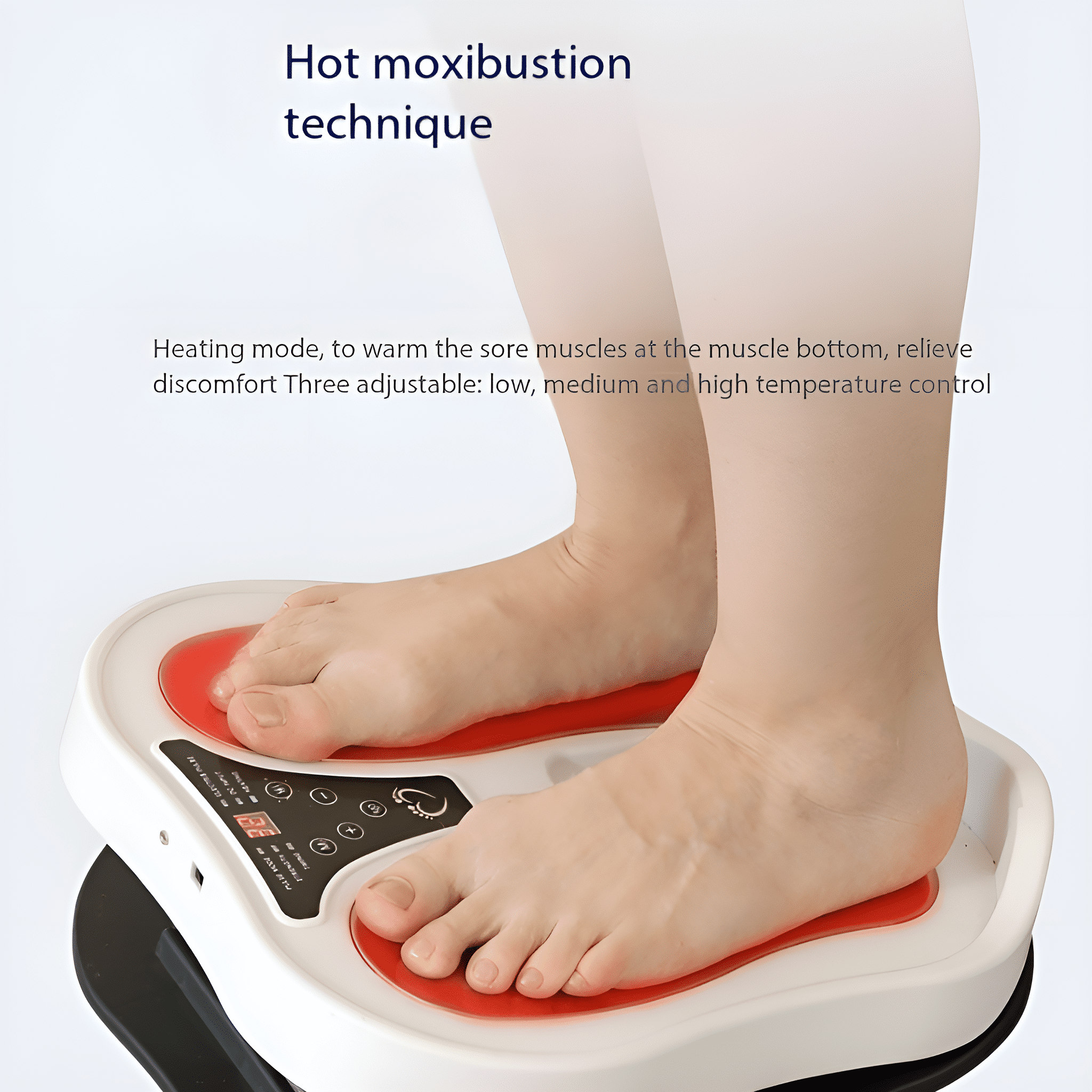 Füße auf einem weißen und roten Fußmassagegerät. Es hat Knöpfe und ein Display.