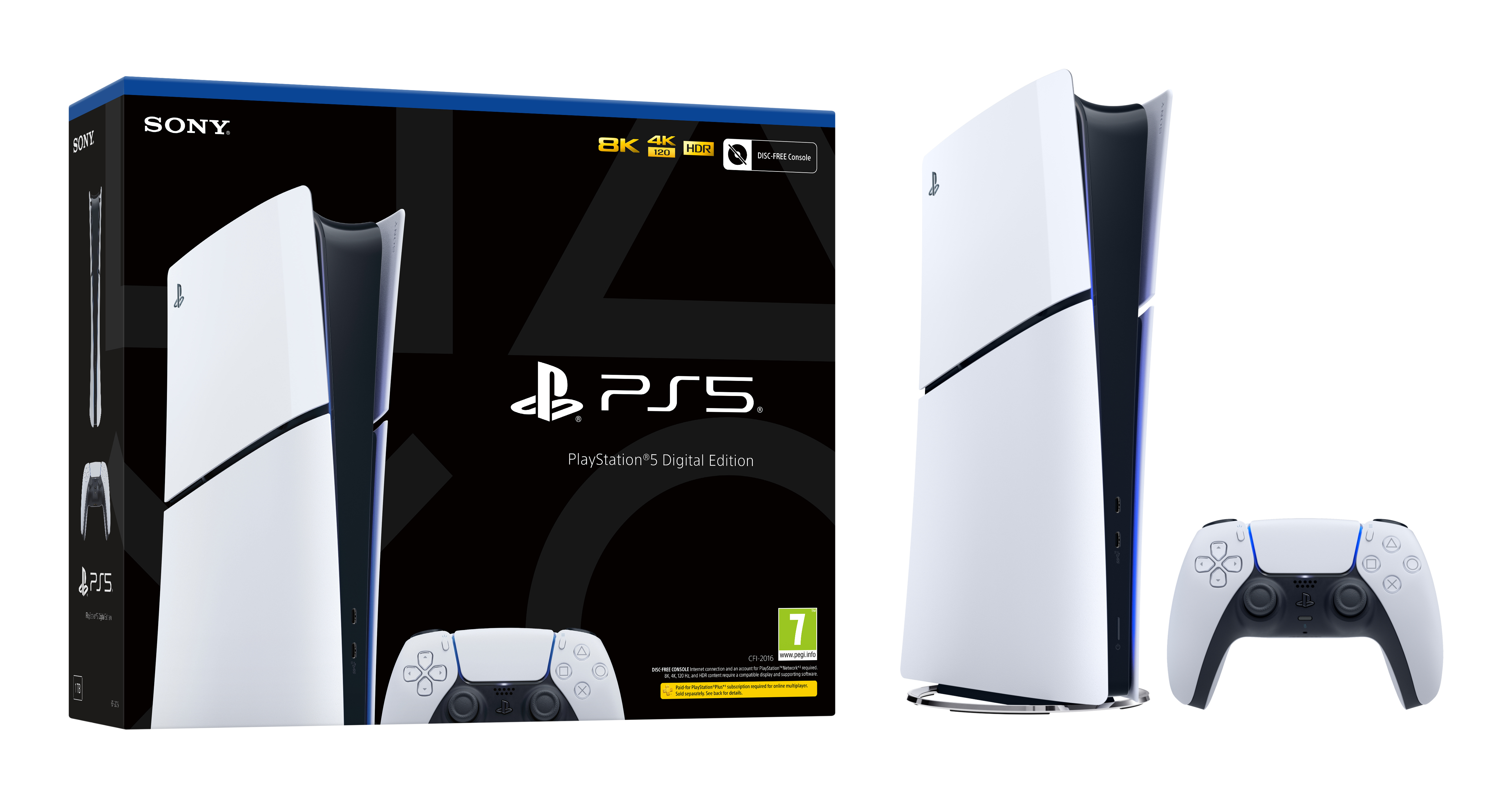 Konsola PlayStation 5 i akcesoria w studio, schemat kolorów biały, czarny i niebieski.