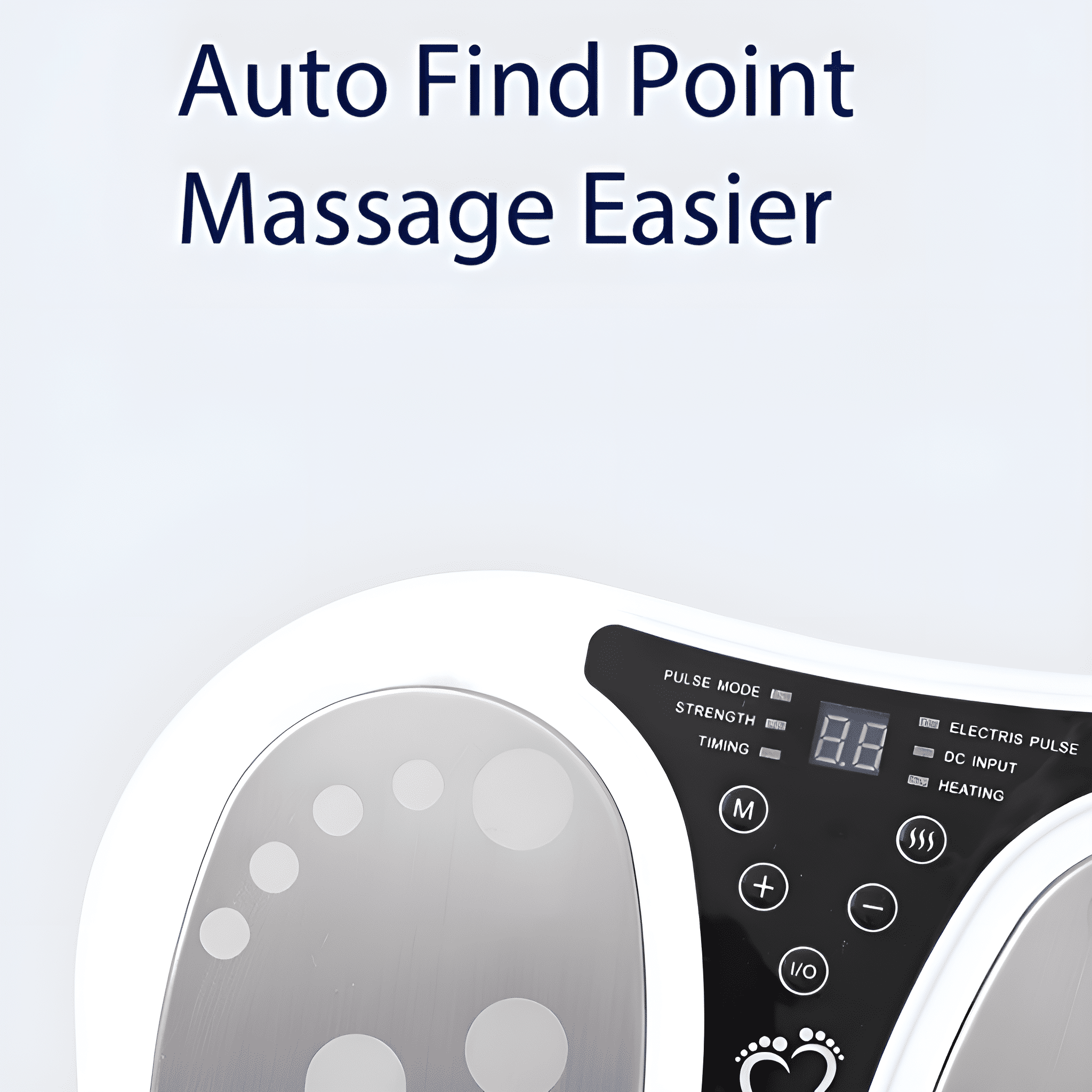 Weißes Fußmassagegerät mit Display. Es hat Tasten für Puls, Stärke, Timing und Wärme.