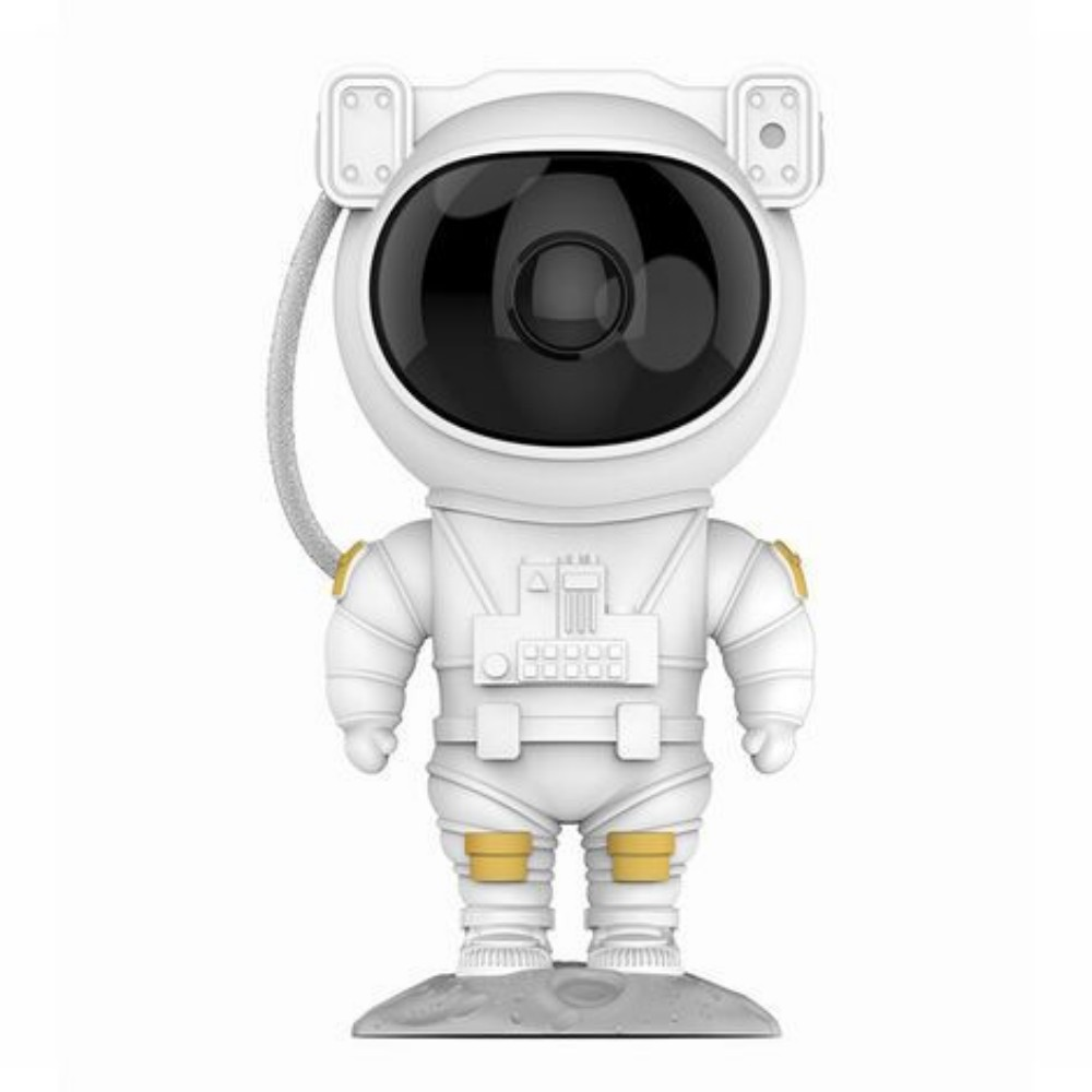 Ein weißer astronautenförmiger Projektor mit schwarzem Visier, auf grauer Plattform.