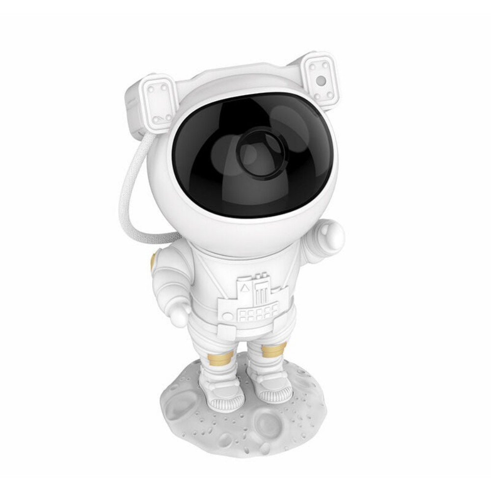 Weiße Astronautenfigur, die auf einer Mondbasis steht.